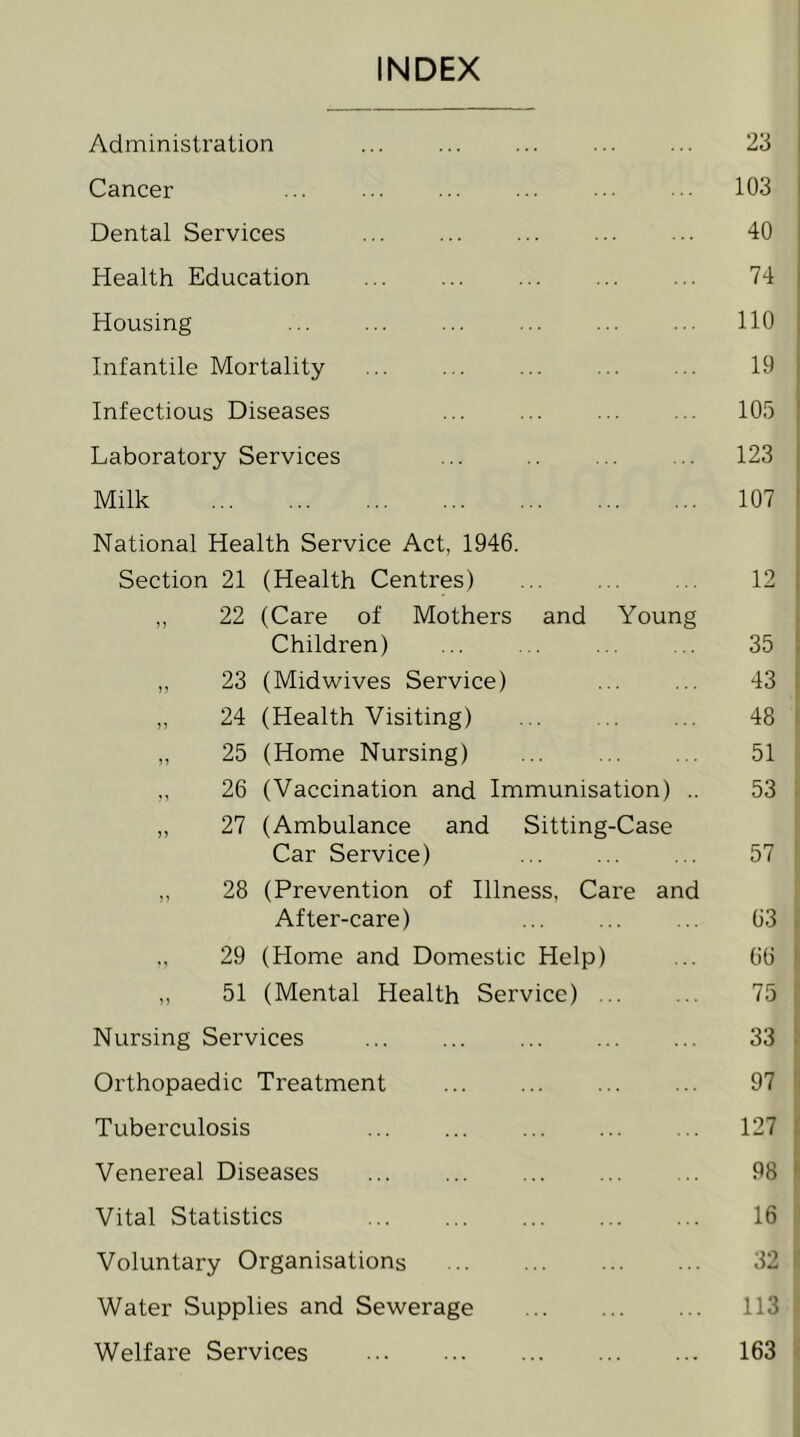 INDEX Administration ... 23 Cancer ... ... ... ... 103 Dental Services ... ... ... ... ... 40 Health Education 74 Housing 110 Infantile Mortality ... ... ... ... ... 19 Infectious Diseases 105 Laboratory Services ... .. ... ... 123 Milk 107 National Health Service Act, 1946. Section 21 (Health Centres) 12 ,, 22 (Care of Mothers and Young Children) 35 ,, 23 (Midwives Service) ... ... 43 ,, 24 (Health Visiting) 48 ,, 25 (Home Nursing) ... ... ... 51 ,, 26 (Vaccination and Immunisation) .. 53 ,, 27 (Ambulance and Sitting-Case Car Service) ... ... ... 57 ,, 28 (Prevention of Illness, Care and After-care) ... ... ... 63 29 (Home and Domestic Help) ... 66 ,, 51 (Mental Health Service) ... ... 75 Nursing Services 33 Orthopaedic Treatment 97 Tuberculosis 127 Venereal Diseases ... ... ... ... ... 98 Vital Statistics 16 Voluntary Organisations 32 Water Supplies and Sewerage 113 Welfare Services 163