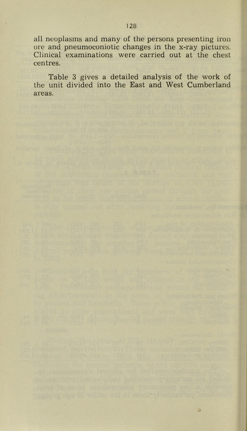 all neoplasms and many of the persons presenting iron ore and pneumoconiotic changes in the x-ray pictures. Clinical examinations were carried out at the chest centres. Table 3 gives a detailed analysis of the work of the unit divided into the East and West Cumberland areas.