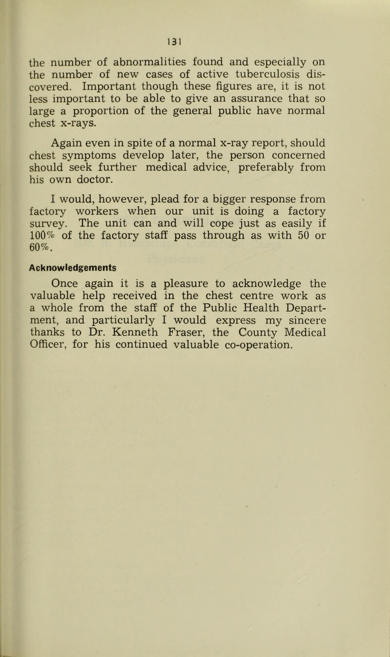 the number of abnormalities found and especially on the number of new cases of active tuberculosis dis- covered. Important though these figures are, it is not less important to be able to give an assurance that so large a proportion of the general public have normal chest x-rays. Again even in spite of a normal x-ray report, should chest symptoms develop later, the person concerned should seek further medical advice, preferably from his own doctor. I would, however, plead for a bigger response from factory workers when our unit is doing a factory survey. The unit can and will cope just as easily if 100% of the factory staff pass through as with 50 or 60%. Acknowledgements Once again it is a pleasure to acknowledge the valuable help received in the chest centre work as a whole from the staff of the Public Health Depart- ment, and particularly I would express my sincere thanks to Dr. Kenneth Fraser, the County Medical Officer, for his continued valuable co-operation.