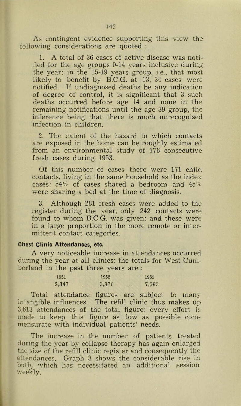 As contingent evidence supporting this view the following considerations are quoted : 1. A total of 36 cases of active disease was noti- fied for the age groups 0-14 years inclusive during the year: in the 15-19 years group, i.e., that most likely to benefit by B.C.G. at 13, 34 cases were notified. If undiagnosed deaths be any indication of degree of control, it is significant that 3 such deaths occurti'ed before age 14 and none in the remaining notifications until the age 39 group, the inference being that there is much unrecognised infection in children. 2. The extent of the hazard to which contacts are exposed in the home can be roughly estimated from an environmental study of 176 consecutive fresh cases during 1953. Of this number of cases there were 171 child contacts, living in the same household as the index cases: 54% of cases shared a bedroom and 45% were sharing a bed at the time of diagnosis. 3. Although 281 fresh cases were added to the register during the year, only 242 contacts were found to whom B.C.G. was given: and these were in a large proportion in the more remote or inter- mittent contact categories. Chest Clinic Attendances, etc. A very noticeable increase in attendances occurred during the year at all clinics: the totals for West Cum- berland in the past three years are : 1951 1952 1953 2,847 ... 3,876 ... 7,593 Total attendance figures are subject to many intangible influences. The refill clinic thus makes up 3,613 attendances of the total figure: every effort is made to keep this figure as low as possible com- mensurate with individual patients’ needs. The increase in the number of patients treated during the year by collapse therapy has again enlarged the size of the refill clinic register and consequently the attendances. Graph 3 shows the considerable rise in both, which has necessitated an additional session weekly.