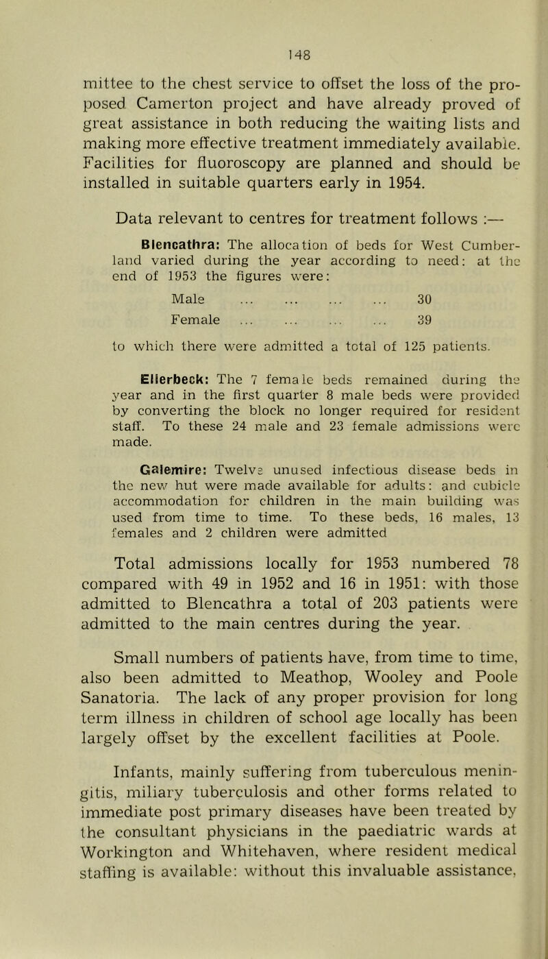 mittee to the chest service to offset the loss of the pro- posed Camerton project and have already proved of great assistance in both reducing the waiting lists and making more effective treatment immediately available. Facilities for fluoroscopy are planned and should be installed in suitable quarters early in 1954. Data relevant to centres for treatment follows :— Blencathra: The allocation of beds for West Cumber- land varied during the year according to need: at the end of 1953 the figures were: Male 30 Female ... ... ... ... 39 to which there were admitted a total of 125 patients. Elierbeck: The 7 female beds remained during the year and in the first quarter 8 male beds were provided by converting the block no longer required for resident staff. To these 24 male and 23 female admissions were made. Gaiemire: Twelve unused infectious disease beds in the new hut were made available for adults: and cubicle accommodation for children in the main building was used from time to time. To these beds, 16 males, 13 females and 2 children were admitted Total admissions locally for 1953 numbered 78 compared with 49 in 1952 and 16 in 1951: with those admitted to Blencathra a total of 203 patients were admitted to the main centres during the year. Small numbers of patients have, from time to time, also been admitted to Meathop, Wooley and Poole Sanatoria. The lack of any proper provision for long term illness in children of school age locally has been largely offset by the excellent facilities at Poole. Infants, mainly suffering from tuberculous menin- gitis, miliary tuberculosis and other forms related to immediate post primary diseases have been treated by the consultant physicians in the paediatric wards at Workington and Whitehaven, where resident medical staffing is available: without this invaluable assistance. J