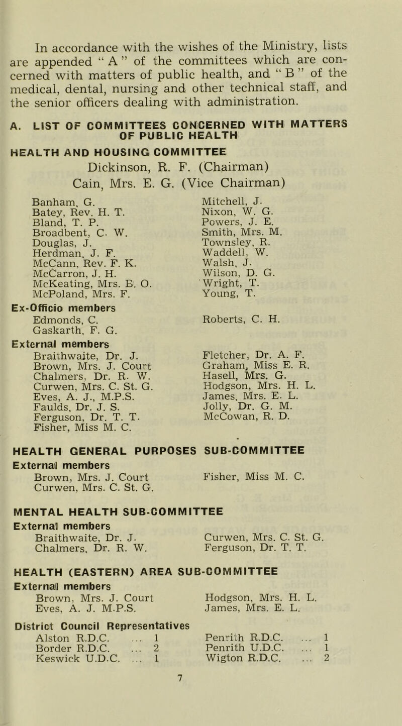 In accordance with the wishes of the Ministry, lists are appended “ A ” of the committees which are con- cerned with matters of public health, and “ B ” of the medical, dental, nursing and other technical staff, and the senior officers dealing with administration. A. LIST OF COMMITTEES CONCERNED WITH MATTERS OF PUBLIC HEALTH HEALTH AND HOUSING COMMITTEE Dickinson, R. F. (Chairman) Cain, Mrs. E. G. (Vice Chairman) Banham, G. Batey, Rev. H. T. Bland, T. P. Broadbent, C- W. Douglas, J. Herdman. J. F. McCann, Rev. F. K. McCarron, J. H. McKeating, Mrs. E. O. McPoland, Mrs. F. Ex-Officio members Edmonds, C. Gaskarth, F. G. External members Braithwajte, Dr. J. Brown, Mrs. J. Court Chalmers, Dr. R. W. Curwen, Mrs. C. St. G. Eves, A. J., M.P.S. Faulds, Dr. J. S. Ferguson, Dr. T. T. Fisher, Miss M. C. Mitchell, J. Nixon, W. G. Powers, J. E. Smith, Mrs. M. Townsley, R. Waddell, W. Walsh, J. Wilson, D. G. Wright, T. Young, T. Roberts, C. H. Fletcher, Dr. A. F. Graham, Miss E. R. HaseU, Mrs. G. Hodgson, Mrs. H. L. James. Mrs. E. L. Jolly, Dr. G. M. McCowan, R. D. HEALTH GENERAL PURPOSES SUBCOMMITTEE External members Brown, Mrs. J. Court Fisher, Miss M. C. Curwen, Mrs. C. St. G. MENTAL HEALTH SUB-COMMITTEE External members Braithwaite, Dr. J. Curwen, Mrs. C. St. G. Chalmers. Dr. R. W. Ferguson, Dr. T. T. HEALTH (EASTERN) AREA SUB-COMMITTEE External members Brown, Mrs. J. Court Hodgson, Mrs. H. L. Eves, A. J. M.P.S. James, Mrs. E. L. District Council Representatives Alston R.D.C. ... 1 Border R.D.C. ... 2 Keswick U.D.C. ... 1 Penrith R.D.C. Penrith U.D.C. Wigton R.D.C. 1 1 2