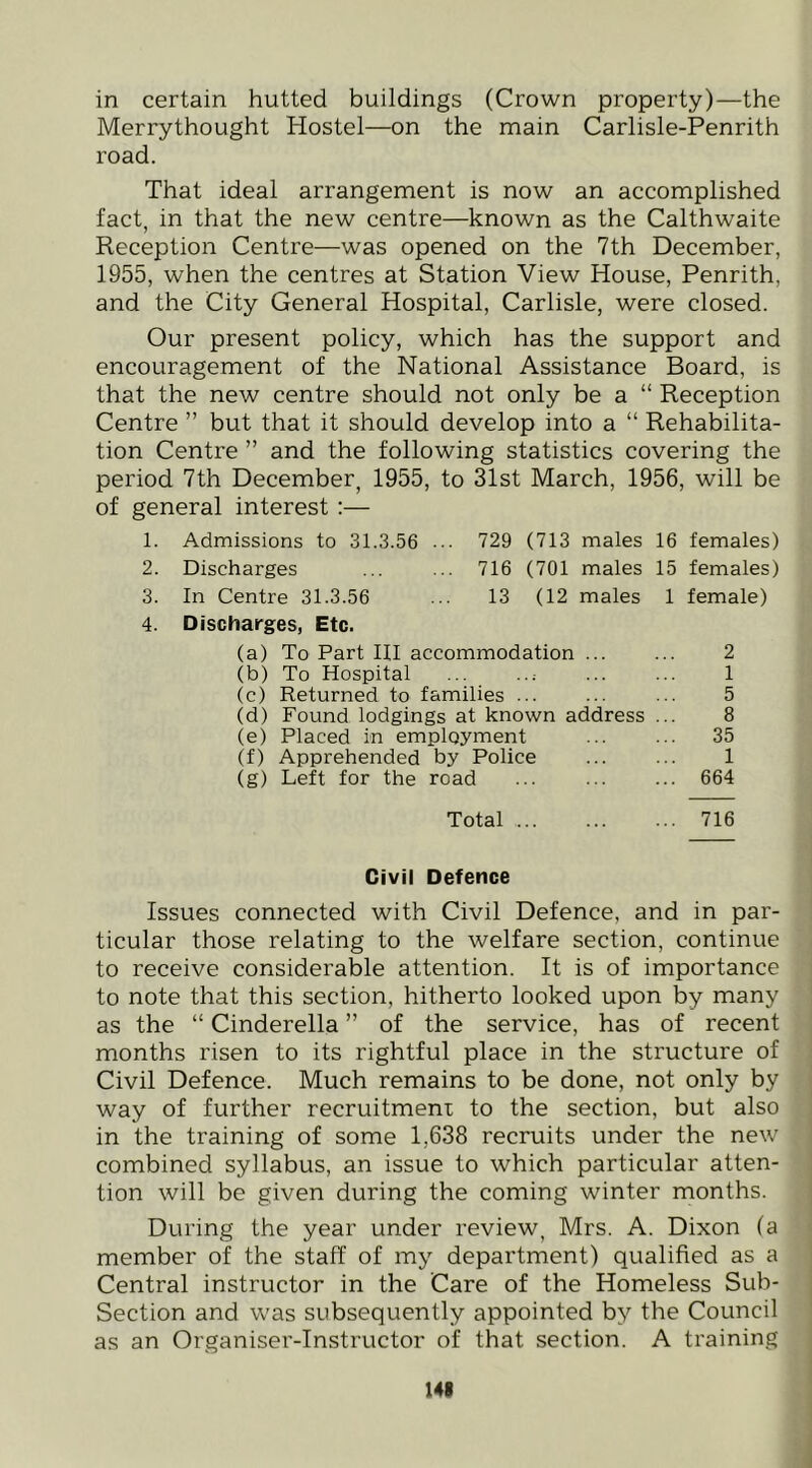 in certain hutted buildings (Crown property)—the Merrythought Hostel—on the main Carlisle-Penrith road. That ideal arrangement is now an accomplished fact, in that the new centre—known as the Calthwaite Reception Centre—was opened on the 7th December, 1955, when the centres at Station View House, Penrith, and the City General Hospital, Carlisle, were closed. Our present policy, which has the support and encouragement of the National Assistance Board, is that the new centre should not only be a “ Reception Centre ” but that it should develop into a “ Rehabilita- tion Centre ” and the following statistics covering the period 7th December, 1955, to 31st March, 1956, will be of general interest :— 1. Admissions to 31.3.56 ••• 729 (713 males 16 females) 2. Discharges ... ... 716 (701 males 15 females) 3. In Centre 31.3.56 ... 13 (12 males 1 female) 4. Discharges, Etc. (a) To Part HI accommodation ... ... 2 (b) To Hospital ... ...- ... ... 1 (c) Returned to families ... ... ... 5 (d) Found lodgings at known address ... 8 (e) Placed in employment ... ... 35 (f) Apprehended by Police ... ... 1 (g) Left for the road ... ... ... 664 Total 716 Civil Defence Issues connected with Civil Defence, and in par- ticular those relating to the welfare section, continue to receive considerable attention. It is of importance to note that this section, hitherto looked upon by many as the “ Cinderella ” of the service, has of recent months risen to its rightful place in the structure of Civil Defence. Much remains to be done, not only by way of further recruitment to the section, but also in the training of some 1,638 recruits under the new combined syllabus, an issue to which particular atten- tion will be given during the coming winter months. During the year under review, Mrs. A. Dixon (a member of the staff of my department) qualified as a Central instructor in the Care of the Homeless Sub- Section and was subsequently appointed by the Council as an Organiser-Instructor of that section. A training 141