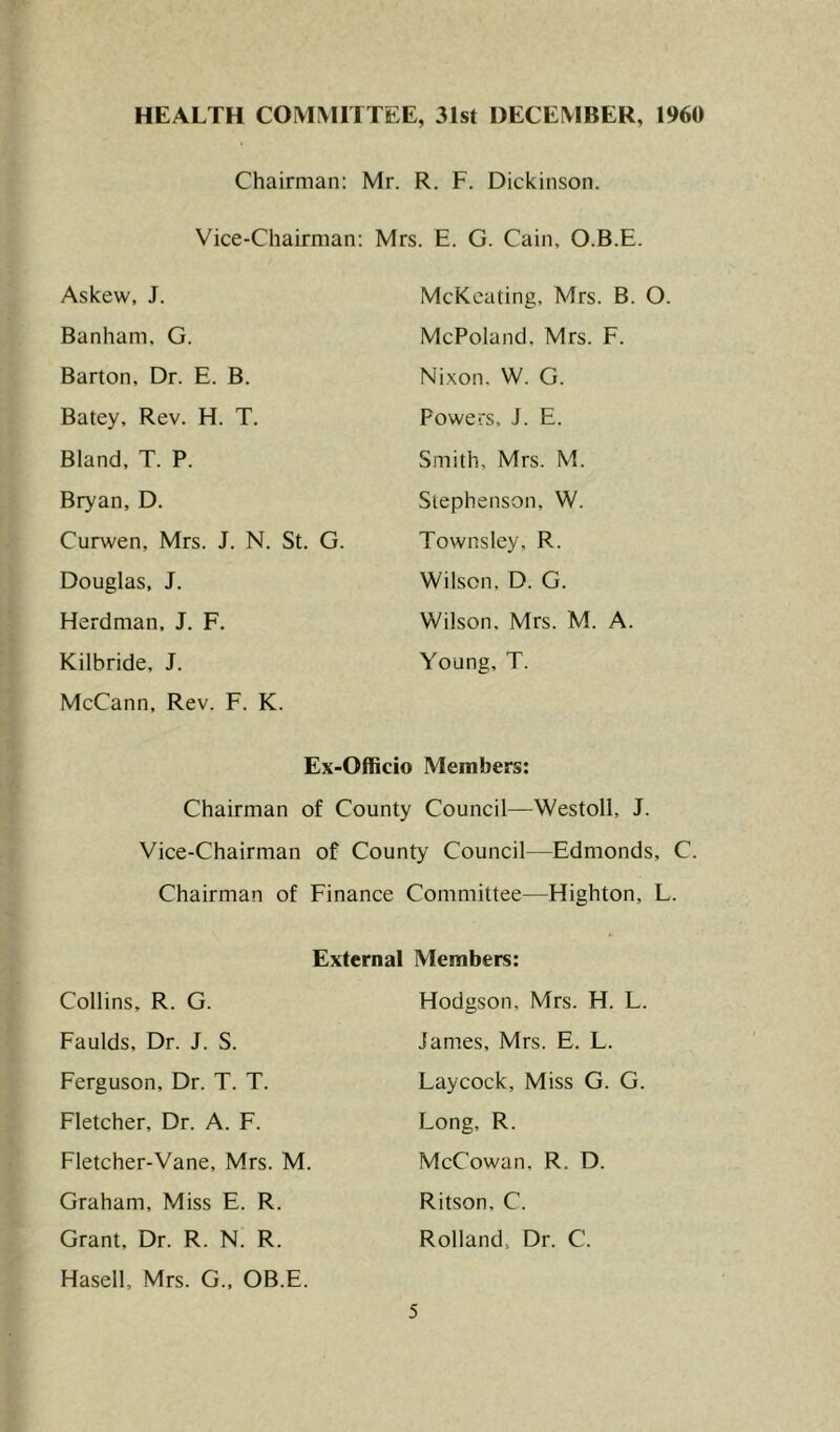 HEALTH COIVIMITTEE, 31st DECEMBER, 1960 Chairman: Mr. R, F. Dickinson. Vice-Chairman: Mrs. E. G. Cain, O.B.E. Askew, J. Banham, G. Barton. Dr. E. B. Batey, Rev. H. T. Bland. T. P. Bryan, D. Curwen, Mrs. J. N. St. G. Douglas. J. Herdman, J. F, Kilbride, J. McCann, Rev. F. K. McKeating. Mrs. B. O. McPoland, Mrs. F. Nixon. W. G. Powers, J. E. Smith, Mrs. M. Stephenson, W. Townsley, R. Wilson, D. G. Wilson, Mrs. M. A. Young, T. Ex-Officio Members: Chairman of County Council—Westoll, J. Vice-Chairman of County Council—Edmonds, C. Chairman of Finance Committee—Highton, L. External Members: Collins, R. G. Faulds, Dr. J. S. Ferguson, Dr. T. T. Fletcher, Dr. A. F. Fletcher-Vane, Mrs. M. Graham, Miss E. R. Grant, Dr. R. N. R. Hasell, Mrs. G., OB.E. Hodgson, Mrs. H. L. James, Mrs. E. L. Laycock, Miss G. G. Long, R. McCowan, R. D. Ritson, C. Rolland, Dr. C.