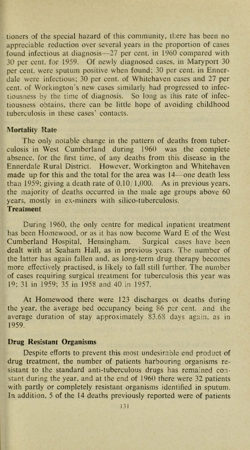 appreciable reduction over several years in the proportion of cases found infectious at diagnosis—27 per cent, in 1960 compared with 30 per cent, for 1959. Of newly diagnosed cases, in Maryport 30 per cent, were sputum positive when found; 30 per cent, in Enner- dale were infectious; 30 per cent, of Whitehaven cases and 27 per cent, of Workington's new cases similarly had progressed to infec- tiousness by the time of diagnosis. So long as this rate of infec- tiousness obtains, there can be little hope of avoiding childhood tuberculosis in these cases’ contacts. Mortality Rate The only notable change in the pattern of deaths from tuber- culosis in West Cumberland during 1960 was the complete absence, for the first time, of any deaths from this disease in the Ennerdale Rural District. However, Workington and Whitehaven made up for this and the total for the area was 14—one death less than 1959; giving a death rate of 0.10; 1,000. As in previous years, the majority of deaths occurred in the male age groups above 60 years, mostly in ex-miners with silico-tuberculosis. Trealinent During 1960, the only centre for medical inpatient treatment has been Homewood, or as it has now become Ward E of the West Cumberland Hospital, Hensingham. Surgical cases have been dealt with at Seaham Hall, as in previous years. The number of the latter has again fallen and, as long-term drug therapy becomes more effectively practised, is likely to fall still further. The number of cases requiring surgical treatment for tuberculosis this year was 19; 31 in 1959; 35 in 1958 and 40 in 1957. At Homewood there were 123 discharges oi deaths during the year, the average bed occupancy being 86 per cent, and the average duration of stay approximately 83.68 days aeain, as in 1959. Drug Resistant Organisms Despite efforts to prevent this most undesirable end product of drug treatment, the number of patients harbouring organisms re- sistant to the standard anti-tuberculous drugs has remained con- stant during the year, and at the end of 1960 there were 32 patients with partly or completely resistant organisms identified in sputum. In addition, 5 of the 14 deaths previously reported were of patients