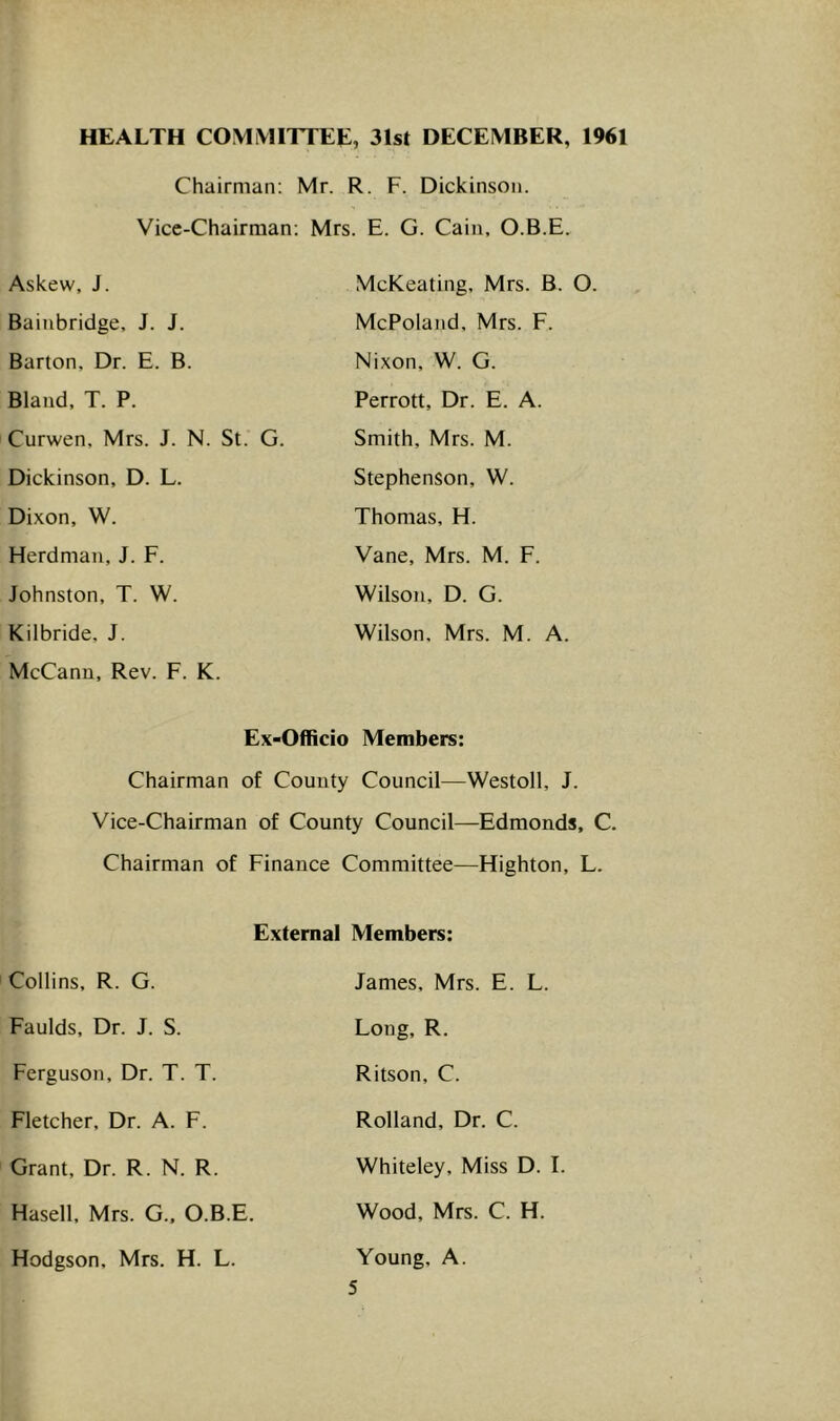 HEALTH COMMITTEE, 31st DECEMBER, 1961 Chairman: Mr. R. F. Dickinson. Vice-Chairman; Mrs. E. G. Cain, O.B.E. Askew, J. Bainbridge, J. J. Barton, Dr. E. B. Bland, T. P. Curwen, Mrs. J. N. St. G. Dickinson, D. L. Dixon, W. Herdman, J. F. Johnston, T. W. Kilbride, J. McCann, Rev. F. K. McKeating, Mrs. B. O. McPoland, Mrs. F. Nixon, W. G. Perrott, Dr. E. A. Smith, Mrs. M. Stephenson, W. Thomas, H. Vane, Mrs. M. F. Wilson, D. G. Wilson, Mrs. M. A. Ex-Officio Members: Chairman of County Council—Westoll, J. Vice-Chairman of County Council—Edmonds, C. Chairman of Finance Committee—Highton, L. External Members: Collins, R. G. Faulds, Dr. J. S. Ferguson, Dr. T. T. Fletcher, Dr. A. F. Grant, Dr. R. N. R. Hasell, Mrs. G., O.B.E. Hodgson, Mrs. H. L. James, Mrs. E. L. Long, R. Ritson, C. Rolland, Dr. C. Whiteley, Miss D. I Wood, Mrs. C. H. Young, A.