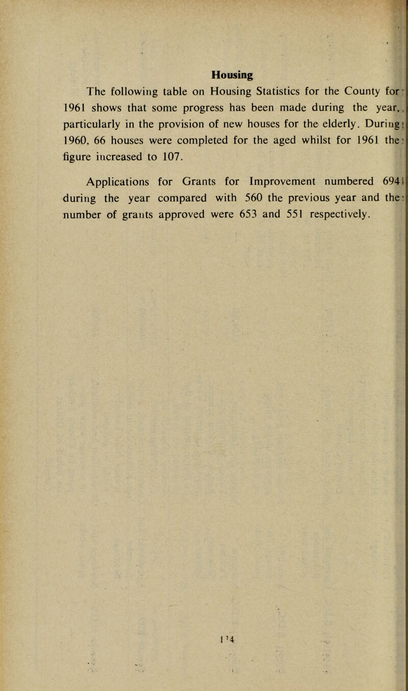 Housing The following table on Housing Statistics for the County for- 1961 shows that some progress has been made during the year,, particularly in the provision of new houses for the elderly. During! 1960, 66 houses were completed for the aged whilst for 1961 the* figure increased to 107. Applications for Grants for Improvement numbered 6941 during the year compared with 560 the previous year and the- number of grants approved were 653 and 551 respectively.