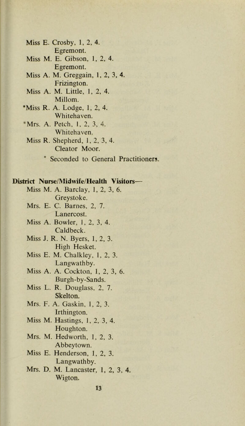 Miss E. Crosby, 1, 2, 4. Egremont. Miss M. E. Gibson, 1, 2, 4. Egremont. Miss A. M. Greggain, 1, 2, 3, 4. Frizington. Miss A. M. Little, 1, 2, 4. Millom. *Miss R. A. Lodge, 1, 2, 4. Whitehaven. *Mrs. A. Fetch, I, 2, 3, 4. Whitehaven. Miss R. Shepherd, 1, 2, 3, 4. Cleator Moor. * Seconded to General Practitioners. District Nurse/Midwife/Health Visitors— Miss M. A. Barclay, 1, 2, 3, 6. Greystoke. Mrs. E. C. Barnes, 2, 7. Lanercost. Miss A. Bowler, I, 2, 3, 4. Ca Id beck. Miss J. R. N. Byers, 1, 2, 3. High Hesket. Miss E. M. Chalkley, 1, 2, 3. Langwathby. Miss A. A. Cockton, 1, 2, 3, 6. Burgh-by-Sands. Miss L. R. Douglass. 2, 7. Skelton. Mrs. F. A. Gaskin, 1, 2, 3. Irthington. Miss M. Hastings, 1, 2, 3, 4. Houghton. Mrs. M. Hedworth, 1, 2, 3. Abbeytown. Miss E. Henderson, 1, 2, 3, Langwathby. Mrs. D. M. Lancaster, 1, 2, 3, 4. Wigton.