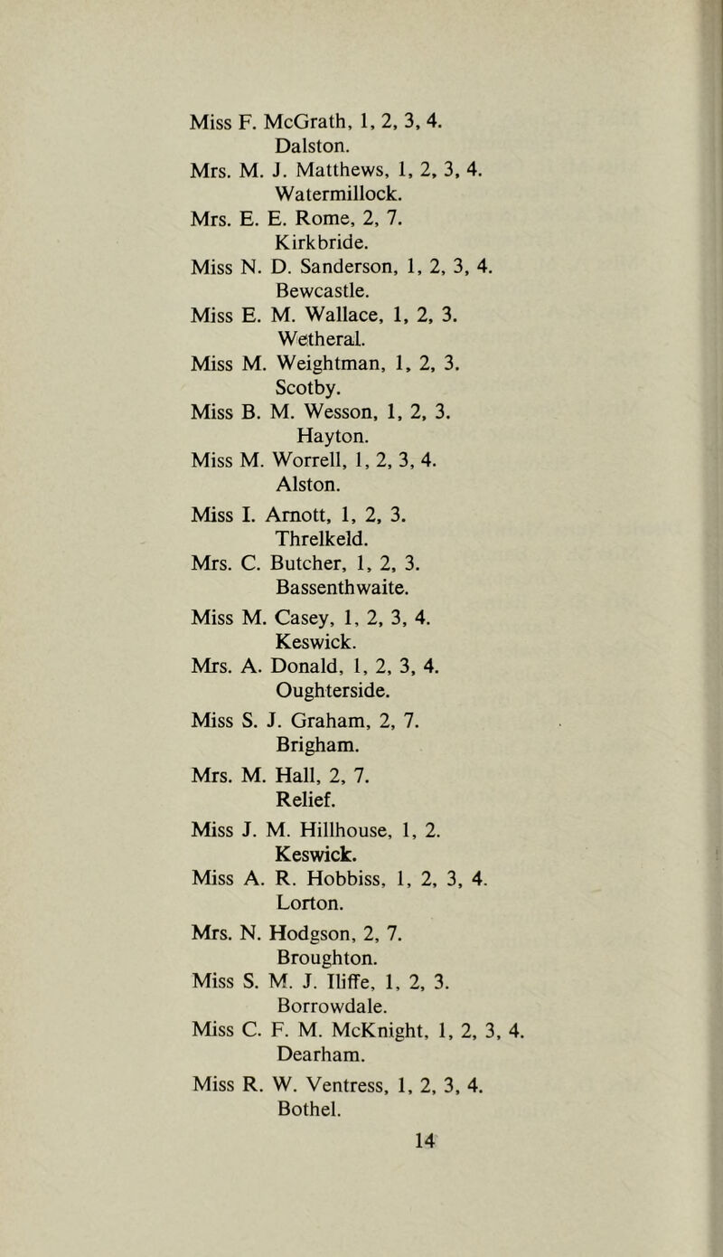 Miss F. McGrath, 1, 2, 3, 4. Dalston. Mrs. M. J. Matthews, 1, 2, 3, 4. Watermillock. Mrs. E. E. Rome, 2, 7. Kirk bride. Miss N. D. Sanderson, 1, 2, 3, 4. Bewcastle. Miss E. M. Wallace, 1, 2, 3. Wetheral. Miss M. Weightman, 1, 2, 3. Scotby. Miss B. M. Wesson, 1, 2, 3. Hayton. Miss M. Worrell, 1, 2, 3, 4. Alston. Miss I. Amott, 1, 2, 3. Threlkeld. Mrs. C. Butcher, 1, 2, 3. Bassenthwaite. Miss M. Casey, 1, 2, 3, 4. Keswick. Mrs. A. Donald, 1, 2, 3, 4. Oughterside. Miss S. J. Graham, 2, 7. Brigham. Mrs. M. Hall, 2, 7. Relief. Miss J. M. Hillhouse, 1, 2. Keswick. Miss A. R. Hobbiss, 1, 2, 3, 4. Lorton. Mrs. N. Hodgson, 2, 7. Broughton. Miss S. M. J. Iliffe, 1, 2, 3. Borrowdale. Miss C. F. M. McKnight, 1, 2, 3, 4. Dearham. Miss R. W. Ventress, 1, 2, 3, 4. Bothel.