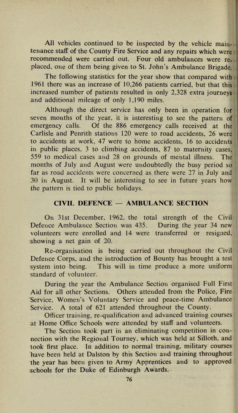 All vehicles continued to be inspected by the vehicle main- - tenance staff of the County Fire Service and any repairs which were : recommended were carried out. Four old ambulances were re-. placed, one of them being given to St. John’s Ambulance Brigade. The following statistics for the year show that compared with : 1961 there was an increase of 10,266 patients carried, but that this increased number of patients resulted in only 2,328 extra journeys and additional mileage of only 1,190 miles. Although the direct service has only been in operation for seven months of the year, it is interesting to see the pattern of emergency calls. Of the 886 emergency calls received at the Carlisle and Penrith stations 120 were to road accidents, 26 were to accidents at work, 47 were to home accidents, 16 to accidents in public places, 3 to climbing accidents, 87 to maternity cases, 559 to medical cases and 28 on grounds of mental illness. The months of July and August were undoubtedly the busy period so far as road accidents were concerned as there were 27 in July and .30 in August. It will be interesting to see in future years how the pattern is tied to public holidays. CIVIL DEFENCE — AMBULANCE SECTION On 31st December, 1962, the total strength of the Civil Defence Ambulance Section was 435. During the year 34 new volunteers were enrolled and 14 were transferred or resigned, ■showing a net gain of 20. Re-organisation is being carried out throughout the Civil Defence Corps, and the introduction of Bounty has brought a test system into being. This will in time produce a more uniform standard of volunteer. During the year the Ambulance Section organised Full First Aid for all other Sections. Others attended from the Police, Fire Service, Women’s Voluntary Service and peace-time Ambulance Service. A total of 621 attended throughout the County. Officer training, re-qualification and advanced training courses at Home Office Schools were attended by staff and volunteers. The Section took part in an eliminating competition in con- nection with the Regional Tourney, which was held at Silloth, and took first place. In addition to normal training, military courses have been held at Dalston by this Section and training throughout the year has been given to Army Apprentices and to approved schools for the Duke of Edinburgh Awards.