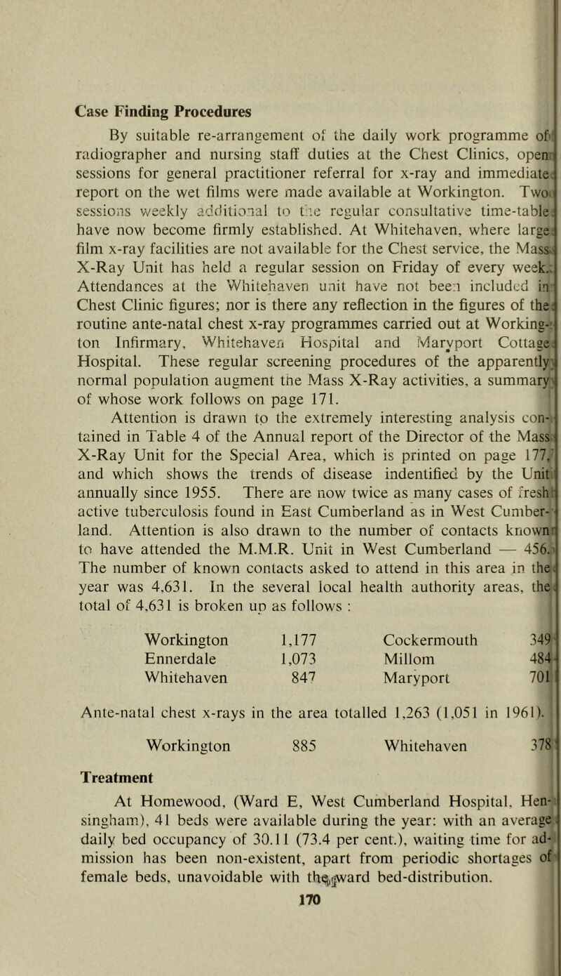 Case Finding Procedures By suitable re-arrangement ot the daily work programme of>j radiographer and nursing staff duties at the Chest Clinics, open- sessions for general practitioner referral for x-ray and immediate, report on the wet films were made available at Workington. Twoi sessions Vv'eekly additional to t’.e regular consultative time-table, have now become firmly established. At Whitehaven, where large film x-ray facilities are not available for the Chest service, the Mass X-Ray Unit has held a regular session on Friday of every week.. Attendances at the Whitehaven unit have not been included in Chest Clinic figures; nor is there any reflection in the figures of thej routine ante-natal chest x-ray programmes carried out at Working- ton Infirmary, Whitehaven Hospital and Maryport Cottage. Hospital. These regular screening procedures of the apparently normal population augment ttie Mass X-Ray activities, a summary of whose work follows on page 171. Attention is drawn to the extremely interesting analysis con- tained in Table 4 of the Annual report of the Director of the Mass. X-Ray Unit for the Special Area, which is printed on page 177, and which shows the trends of disease indentified by the Unit annually since 1955. There are now twice as many cases of fresh: active tuberculosis found in East Cumberland as in West Cumber- land. Attention is also drawn to the number of contacts knownr to have attended the M.M.R. Unit in West Cumberland — 456.' The number of known contacts asked to attend in this area in the, year was 4,631. In the several local health authority areas, the. total of 4,631 is broken up as follows ; Workington 1,177 Cockermouth .349 Ennerdale 1,073 Millom 484- Whitehaven 847 Maryport 701 Ante-natal chest x-rays in the area totalled 1,263 (1,051 in 1961). Workington 885 Whitehaven 378 Treatment At Homewood, (Ward E, West Cumberland Hospital, Hen- singham), 41 beds were available during the year; with an average daily bed occupancy of 30.11 (73.4 per cent.), waiting time for ad- mission has been non-existent, apart from periodic shortages of female beds, unavoidable with th^jward bed-distribution.