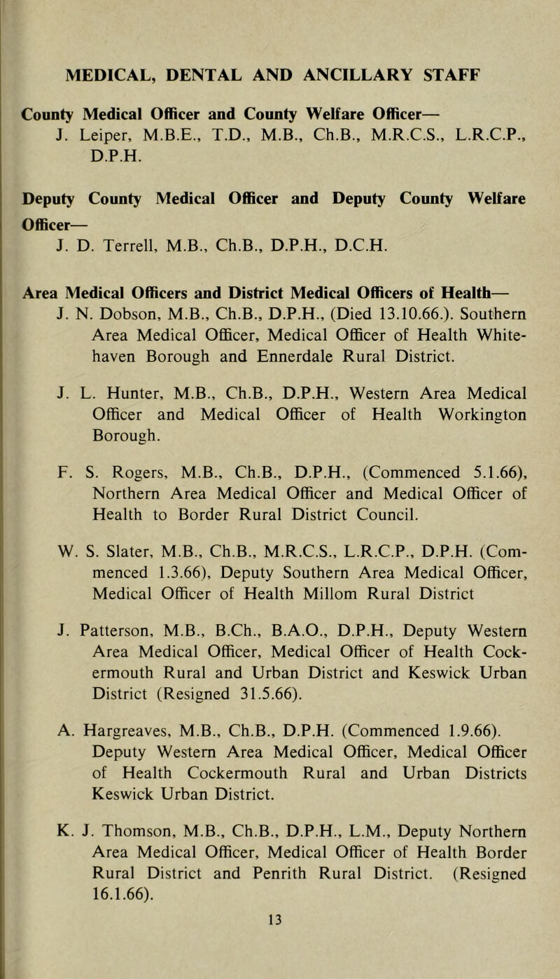 MEDICAL, DENTAL AND ANCILLARY STAFF County Medical Officer and County Welfare Officer— J. Leiper, M.B.E., T.D., M.B., Ch.B., M.R.C.S., L.R.C.P., D.P.H. Deputy County Medical Officer and Deputy County Welfare Officer— J. D. Terrell, M.B., Ch.B., D.P.H., D.C.H. Area Medical Officers and District Medical Officers of Health— J. N. Dobson, M.B., Ch.B., D.P.H., (Died 13.10.66.). Southern Area Medical Officer, Medical Officer of Health White- haven Borough and Ennerdale Rural District. J. L. Hunter, M.B., Ch.B., D.P.H., Western Area Medical Officer and Medical Officer of Health Workington Borough. F. S. Rogers, M.B., Ch.B., D.P.H., (Commenced 5.1.66), Northern Area Medical Officer and Medical Officer of Health to Border Rural District Council. W. S. Slater, M.B., Ch.B., M.R.C.S., L.R.C.P., D.P.H. (Com- menced 1.3.66), Deputy Southern Area Medical Officer, Medical Officer of Health Millom Rural District J. Patterson, M.B., B.Ch., B.A.O., D.P.H., Deputy Western Area Medical Officer, Medical Officer of Health Cock- ermouth Rural and Urban District and Keswick Urban District (Resigned 31.5.66). A. Hargreaves, M.B., Ch.B., D.P.H. (Commenced 1.9.66). Deputy Western Area Medical Officer, Medical Officer of Health Cockermouth Rural and Urban Districts Keswick Urban District. K. J. Thomson, M.B., Ch.B., D.P.H., L.M., Deputy Northern Area Medical Officer, Medical Officer of Health Border Rural District and Penrith Rural District. (Resigned 16.1.66).