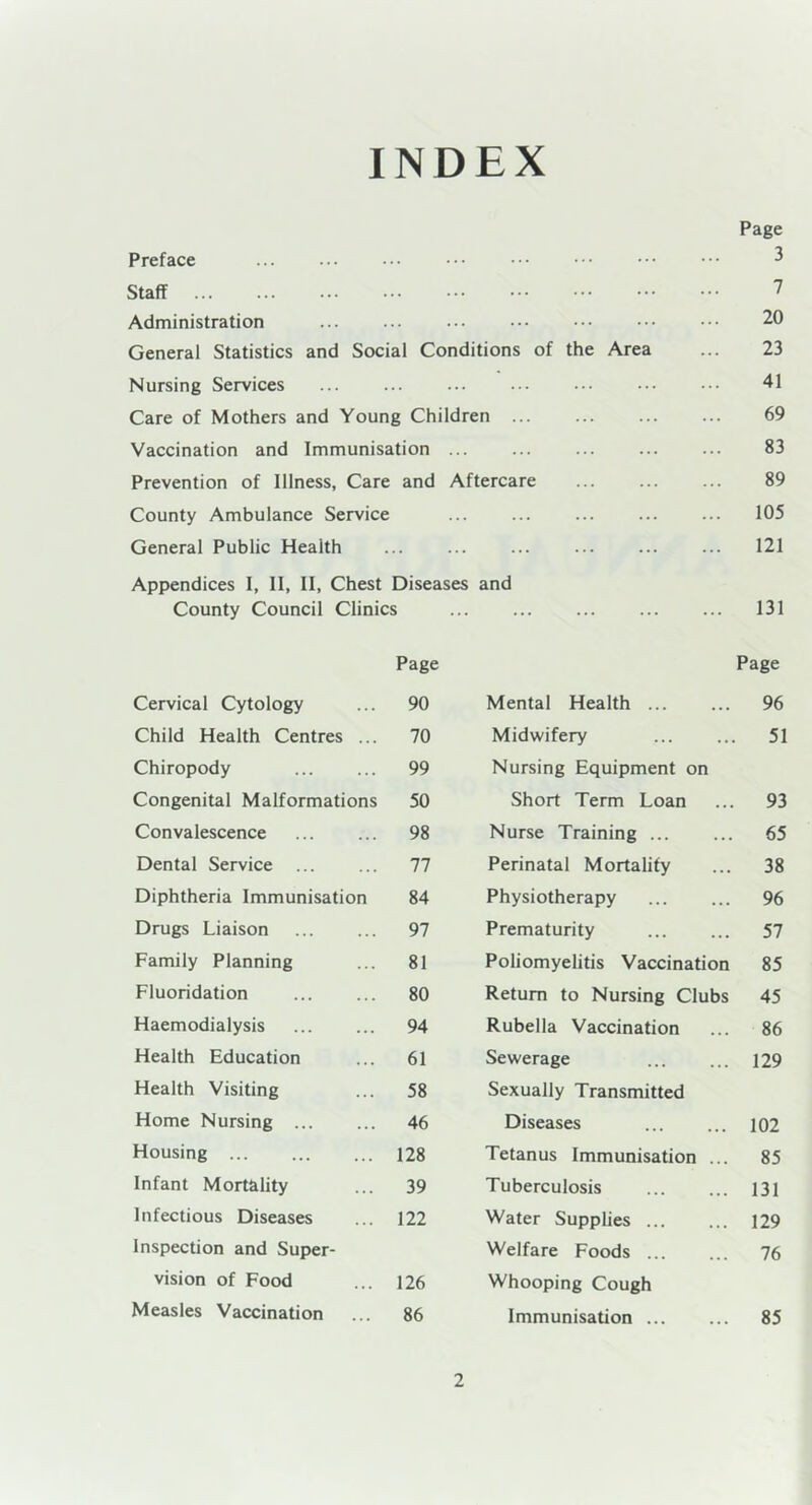 INDEX Preface Staff Administration General Statistics and Social Conditions of the Area Nursing Services Care of Mothers and Young Children ... Vaccination and Immunisation Prevention of Illness, Care and Aftercare County Ambulance Service General Public Health Appendices I, II, II, Chest Diseases and County Council Clinics Page Page Cervical Cytology 90 Mental Health 96 Child Health Centres ... 70 Midwifery 51 Chiropody 99 Nursing Equipment on Congenital Malformations 50 Short Term Loan 93 Convalescence 98 Nurse Training 65 Dental Service 77 Perinatal Mortality 38 Diphtheria Immunisation 84 Physiotherapy 96 Drugs Liaison 97 Prematurity 57 Family Planning 81 Poliomyelitis Vaccination 85 Fluoridation 80 Return to Nursing Clubs 45 Haemodialysis 94 Rubella Vaccination 86 Health Education 61 Sewerage 129 Health Visiting 58 Sexually Transmitted Home Nursing ... 46 Diseases 102 Housing 128 Tetanus Immunisation ... 85 Infant Mortality 39 Tuberculosis 131 Infectious Diseases 122 Water Supplies 129 Inspection and Super- Welfare Foods ... 76 vision of Food 126 Whooping Cough Measles Vaccination 86 Immunisation 85 Page 3 7 20 23 41 69 83 89 105 121 131
