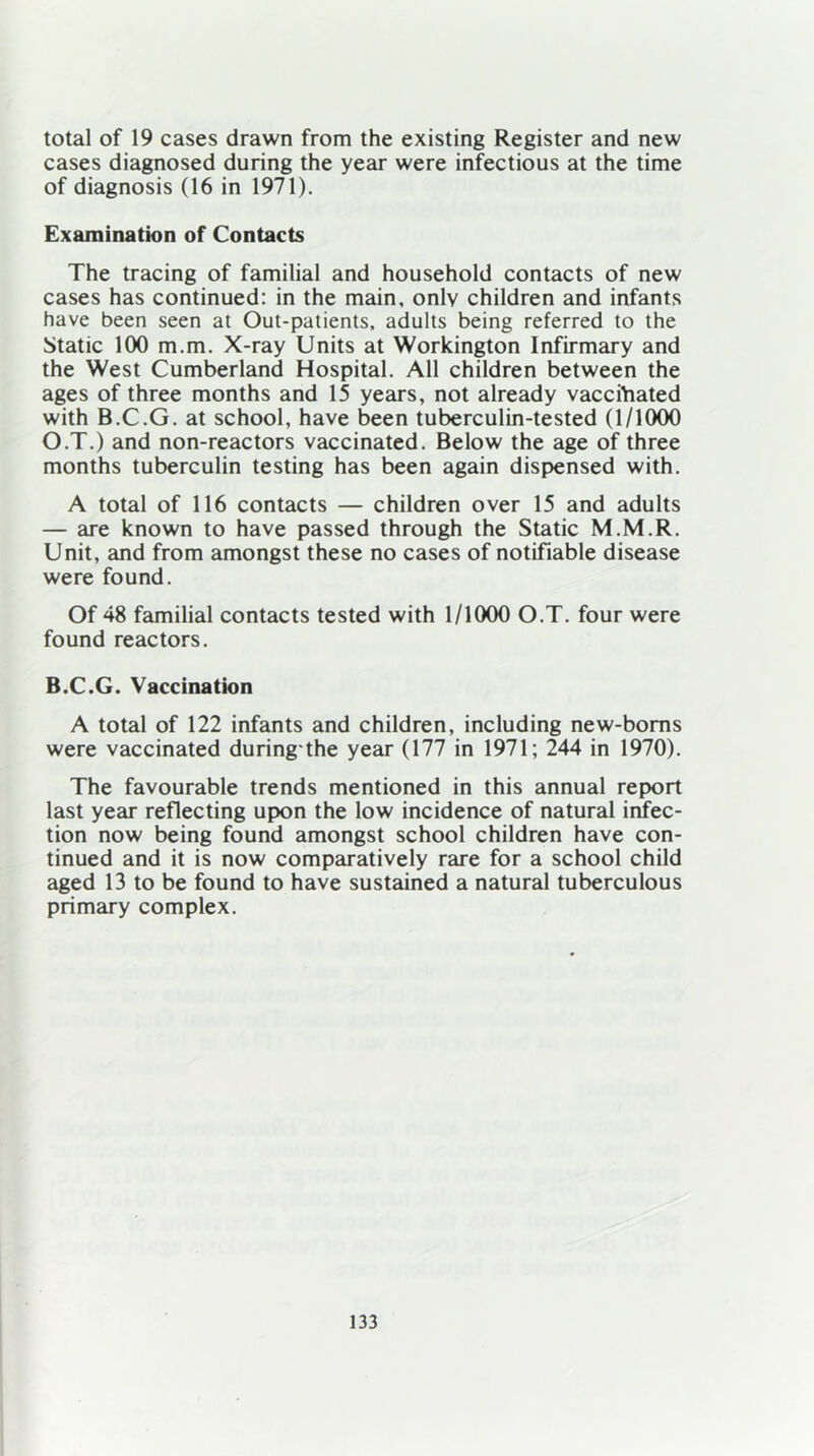 total of 19 cases drawn from the existing Register and new cases diagnosed during the year were infectious at the time of diagnosis (16 in 1971). Examination of Contacts The tracing of familial and household contacts of new cases has continued: in the main, only children and infants have been seen at Out-patients, adults being referred to the Static 100 m.m. X-ray Units at Workington Infirmary and the West Cumberland Hospital. All children between the ages of three months and 15 years, not already vaccinated with B.C.G. at school, have been tuberculin-tested (1/1000 O.T.) and non-reactors vaccinated. Below the age of three months tuberculin testing has been again dispensed with. A total of 116 contacts — children over 15 and adults — are known to have passed through the Static M.M.R. Unit, and from amongst these no cases of notifiable disease were found. Of 48 familial contacts tested with 1/1000 O.T. four were found reactors. B.C.G. Vaccination A total of 122 infants and children, including new-boms were vaccinated during the year (177 in 1971; 244 in 1970). The favourable trends mentioned in this annual report last year reflecting upon the low incidence of natural infec- tion now being found amongst school children have con- tinued and it is now comparatively rare for a school child aged 13 to be found to have sustained a natural tuberculous primary complex.