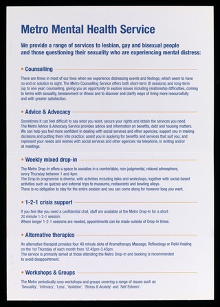 Metro mental health service : for lesbian, gay and bisexual people across South East London / Metro.