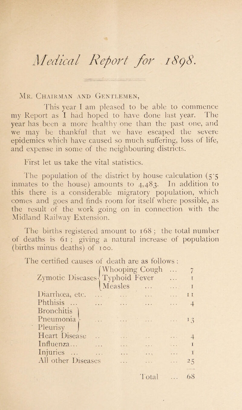 Report for i8g8. Mr. Chairman and Gentlemen, This year I am pleased to be able to commence my Report as I had hoped to have done last year. The year has been a more healthy one than the past one, and we may be thankful that we have escapeci the severe epidemics which have caused so much suftering, loss of life, and expense in some of the neighbouring districts. First let us take the vital statistics. The population of the district by house calculation (5'5 inmates to the house) amounts to 4,483. In addition to this there is a considerable migratory population, which comes and goes and finds room for itself where possible, as the result of the work going on in connection with the Midland Railway Extension. The births registered amount to 168; the total number of deaths is 61 ; giving a natural increase of population (births minus deaths) of 100. The certified causes of death are as follows ; Zymotic Diseases-, xypnuid P'ever j.ypuuid P'ever ... i [Measles ... ... i ing Cough ... 7 Diarrhoea, etc. Phthisis ... Bronchitis 1 11 4 Pneumonia - Pleurisy J Heart Disease Influenza... Injuries ... All other Diseases 4 I I Total 68