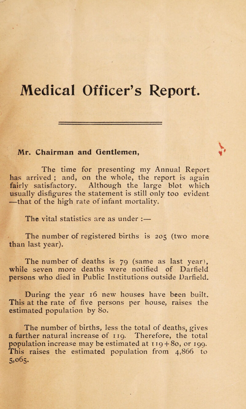 Medical Officer’s Report. Mr. Chairman and Gentlemen, The time for presenting my Annual Report has arrived ; and, on the whole, the report is again fairly satisfactory. Although the large blot which usually disfigures the statement is still only too evident —that of the high rate of infant mortality. The vital statistics are as under :— The number of registered births is 205 (two more than last year). The number of deaths is 79 (same as last year), while seven more deaths were notified of Darfield persons who died in Public Institutions outside Darfield. During the year 16 new houses have been built. This at the rate of five persons per house, raises the estimated population by 80. The number of births, less the total of deaths, gives a further natural increase of 119. Therefore, the total population increase may be estimated at 119 + 80, or 199. This raises the estimated population from 4,866 to 5>o65.