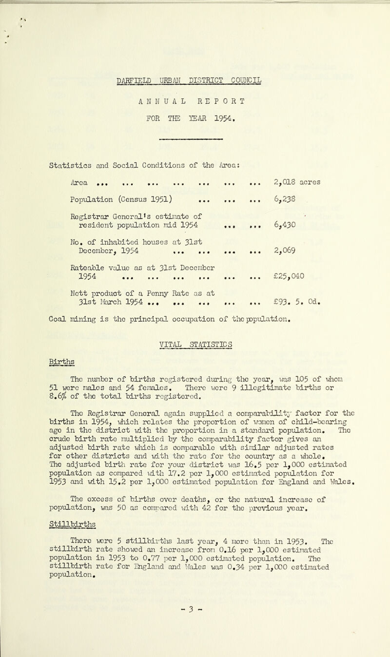 ANNUAL REPORT FOR THi: YEAR 1954. Statistics and Social Conditions of the Area: Area ,,. ... 2,018 acres Population (Census 1951) ... 6,238 Registrar General’s ostiraate of resident population mid 1954 ,,, ... 6,430 No, of Inhabited houses at 31st December, 1954 ... 2,069 Rateable value as at 31st December 1954 ... £25,040 Nett product of a Penny Rate as at 31st Ifcrch 1954 ... £93, 5. Od, Goal mining is the principal occupation of the ppulation. VITAL STATISTICS Births The numhor of births rogistered during the year, tos 105 of uhon 51 were males and 54 fejnalos. There ^^^ere 9 illegitimate births or 8.6^ of the total births registered. The Registrar General again supplied a comparability factor for the births in 1954, which relates the proportion of women of child-bearing age in the district -with the proportion in a standard population. The crude birth rate multiplied by the comparability factor gives an adjusted birth rate which is comparable id-th similar adjusted rates for other districts and W3.th the rate for the country as a whole. The adjusted birth rate for your district was 16,5 per 1,000 estimated population as compared with 17.2 per 1,000 estimated population for 1953 and xd.th 15,2 per 1,000 estimated population for England and Wales, The excess of births over deaths, or the natural incroasc of population, was 50 as compared with 42 for the previous year. Stillbirths There wore 5 stillbirths last year, 4 more than in 1953« The stillbirth rate showed an increase from 0,16 per 1,000 estimated population in 1953 to 0,77 per 1,000 estimated population. The stillbirth rate for England and Wales was 0,34 per 1,000 estimated population.