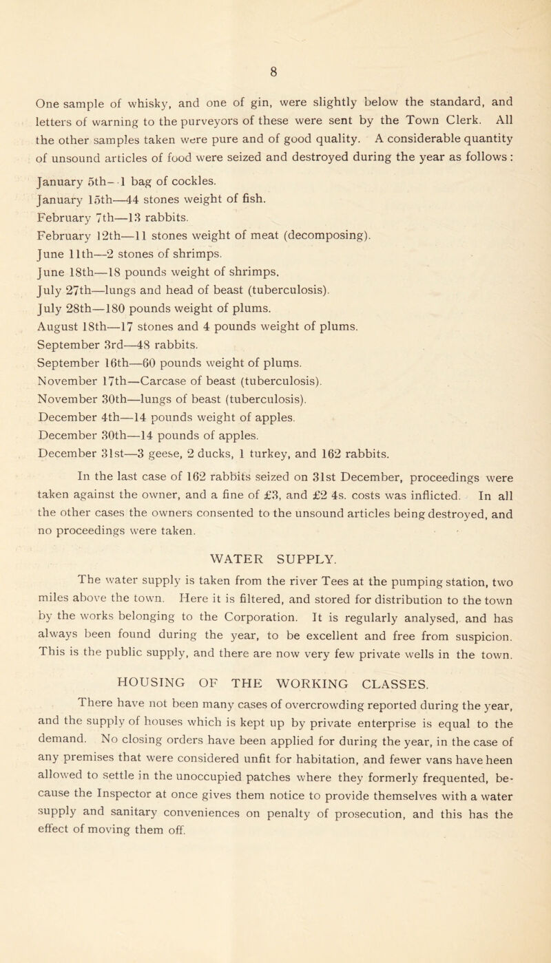 One sample of whisky, and one of gin, were slightly below the standard, and letters of warning to the purveyors of these were sent by the Town Clerk. All the other samples taken -were pure and of good quality. A considerable quantity of unsound articles of food were seized and destroyed during the year as follows: January 5th- 1 bag of cockles. January loth—44 stones weight of fish. February 7th—13 rabbits. February 12th—11 stones weight of meat (decomposing). June 11th—2 stones of shrimps. June 18th—18 pounds weight of shrimps. July 27th—lungs and head of beast (tuberculosis). July 28th—180 pounds weight of plums. August 18th—17 stones and 4 pounds weight of plums. September 3rd—48 rabbits. September 16th—60 pounds weight of pluras. November 17th—Carcase of beast (tuberculosis). November 30th—lungs of beast (tuberculosis). December 4th—14 pounds weight of apples. December 30th—14 pounds of apples. December 31st—3 geese, 2 ducks, 1 turkey, and 162 rabbits. In the last case of 162 rabbits seized on 31st December, proceedings were taken against the owner, and a fine of £3, and £2 4s. costs was inflicted. In all the other cases the owners consented to the unsound articles being destroyed, and no proceedings were taken. WATER SUPPLY. The water supply is taken from the river Tees at the pumping station, two miles above the town. Here it is filtered, and stored for distribution to the town by the works belonging to the Corporation. It is regularly analysed, and has always been found during the year, to be excellent and free from suspicion. This is the public supply, and there are now very few private wells in the town. HOUSING OF THE WORKING CLASSES. There have not been many cases of overcrowding reported during the year, and the supply of houses which is kept up by private enterprise is equal to the demand. No closing orders have been applied for during the year, in the case of any premises that were considered unfit for habitation, and fewer vans hav'^eheen allow’ed to settle in the unoccupied patches where they formerly frequented, be- cause the Inspector at once gives them notice to provide themselves with a water supply and sanitary conveniences on penalty of prosecution, and this has the effect of moving them off.