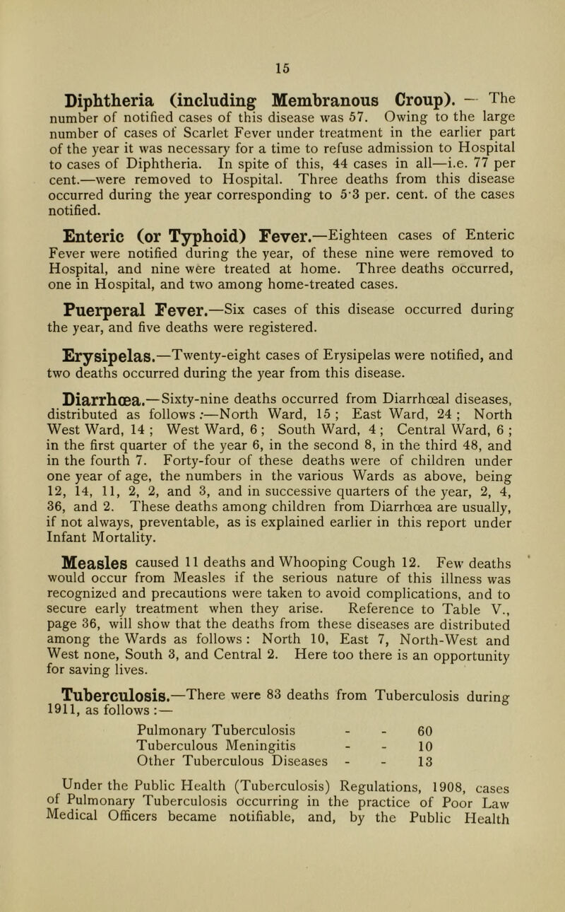 Diphtheria (including Membranous Croup). - The number of notified cases of this disease was 57. Owing to the large number of cases of Scarlet Fever under treatment in the earlier part of the year it was necessary for a time to refuse admission to Hospital to cases of Diphtheria. In spite of this, 44 cases in all—i.e. 77 per cent.—were removed to Hospital. Three deaths from this disease occurred during the year corresponding to 5-3 per. cent, of the cases notified. Enteric (or Typhoid) Fever.—Eighteen cases of Enteric Fever were notified during the year, of these nine were removed to Hospital, and nine were treated at home. Three deaths occurred, one in Hospital, and two among home-treated cases. Puerperal Fever.—Six cases of this disease occurred during the year, and five deaths were registered. Erysipelas.—Twenty-eight cases of Erysipelas were notified, and two deaths occurred during the year from this disease. Diarrhoea.—Sixty-nine deaths occurred from Diarrhoeal diseases, distributed as follows ;—North Ward, 15 ; East Ward, 24 ; North West Ward, 14 ; West Ward, 6 ; South Ward, 4 ; Central Ward, 6 ; in the first quarter of the year 6, in the second 8, in the third 48, and in the fourth 7. Forty-four of these deaths were of children under one year of age, the numbers in the various Wards as above, being 12, 14, 11, 2, 2, and 3, and in successive quarters of the year, 2, 4, 36, and 2. These deaths among children from Diarrhoea are usually, if not always, preventable, as is explained earlier in this report under Infant Mortality. Measles caused 11 deaths and Whooping Cough 12. Feu^ deaths would occur from Measles if the serious nature of this illness was recognized and precautions were taken to avoid complications, and to secure early treatment when they arise. Reference to Table V., page 36, will show that the deaths from these diseases are distributed among the Wards as follows : North 10, East 7, North-West and West none, South 3, and Central 2. Here too there is an opportunity for saving lives. Tuberculosis.—There were 83 deaths from Tuberculosis during 1911, as follows :— Pulmonary Tuberculosis Tuberculous Meningitis Other Tuberculous Diseases 60 10 13 Under the Public Health (Tuberculosis) Regulations, 1908, cases of Pulmonary Tuberculosis Occurring in the practice of Poor Law Medical Officers became notifiable, and, by the Public Health