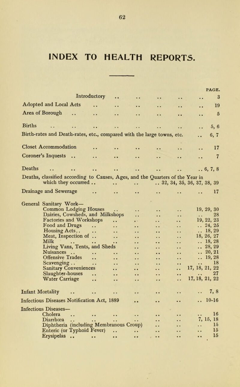 INDEX TO HEALTH REPORTS. PAGE. Introductory .. .. .. .. ., 3 Adopted and Local Acts .. .. .. .. .. ., 19 Area of Borough .. .. .. .. .. ., . ^ 5 Births .. .. .. .. .. .. .. .. 5, 6 Birth-rates and Death-rates, etc., compared with the large towns, etc. .. 6, 7 Closet Accommodation .. .. .. .. .. .. 17 Coroner’s Inquests .. .. ,. .. .. ,. .. 7 Deaths .. .. ., .. .. .. .. .. 6, 7, 8 Deaths, classified according to Causes, Ages, and the Quarters of the Year in .. 32, 34, 35, 36, 37, 38, 39 which they occurred Drainage and Sewerage 17 General Sanitary Work— Common Lodging Houses Dairies, Cowsheds, and Milkshops Factories and Workshops Food and Drugs Housing Acts.. Meat, Inspection of .. Milk Living Vans, Tents, and Sheds Nuisances .. Offensive Trades Scavenging .. Sanitary Conveniences Slaughter-houses Water Carriage 19, 29, 30 28 19, 22, 23 24, 25 18, 29 18, 26, 27 18, 28 28, 29 20, 21 , , 19, 28 , , 18 17, 18, 21, 22 , , 27 17, 18, 21, 22 Infant Mortality Infectious Diseases Notification Act, 1889 Infectious Diseases— Cholera Diarrhoea .. Diphtheria (including Membranous Croup) Enteric (or Typhoid Fever) Erysipelas .. .. .. .. 7, 8 .. 10-16 16 7, 16. 18 15 15 .. 16