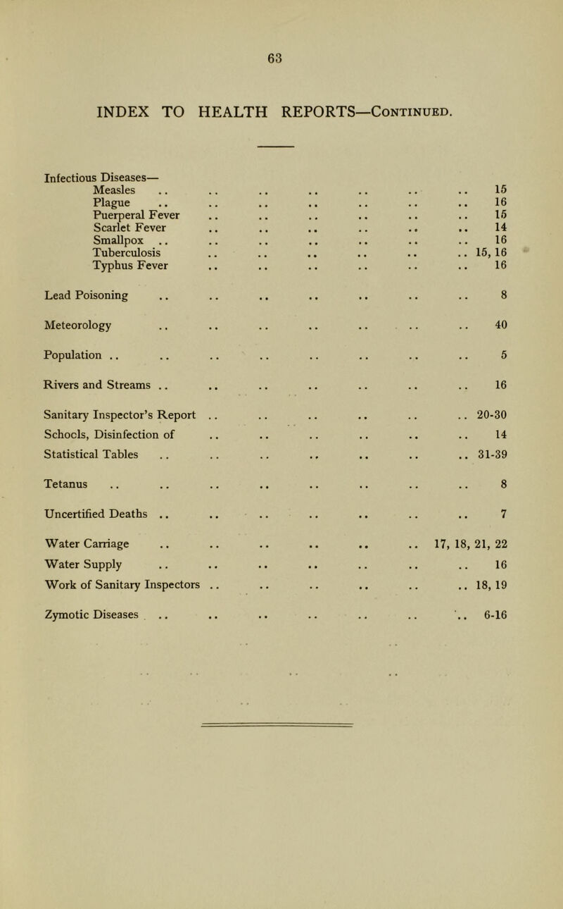 INDEX TO HEALTH REPORTS—Continued. Infectious Diseases— Measles .. .. .. .. .. .. .. 15 Plague .. .. .. .. .. .. 16 Puerperal Fever .. .. .. .. ., .. 16 Scarlet Fever .. .. .. .. .. .. 14 Smallpox .. .. .. .. .. .. .. 16 Tuberculosis .. .. .. .. .. ..15,16 Typhus Fever .. .. .. .. .. .. 16 Lead Poisoning .. .. .. .. .. .. .. 8 Meteorology .. .. .. .. .. .. .. 40 Population .. .. .. .. .. .. .. .. 5 Rivers and Streams .. .. .. .. .. .. .. 16 Sanitary Inspector’s Report .. .. .. .. .. .. 20-30 Schools, Disinfection of .. .. .. .. .. .. 14 Statistical Tables .. .. .. .. .. .. .. 31-39 Tetanus .. .. .. .. .. .. .. .. 8 Uncertified Deaths ,. .. .. .. ,. .. .. 7 Water Carriage .. .. .. .. .. ..17,18,21,22 Water Supply .. .. .. .. .. .. .. 16 Work of Sanitary Inspectors .. .. .. .. .. ..18,19 Zymotic Diseases 6-16