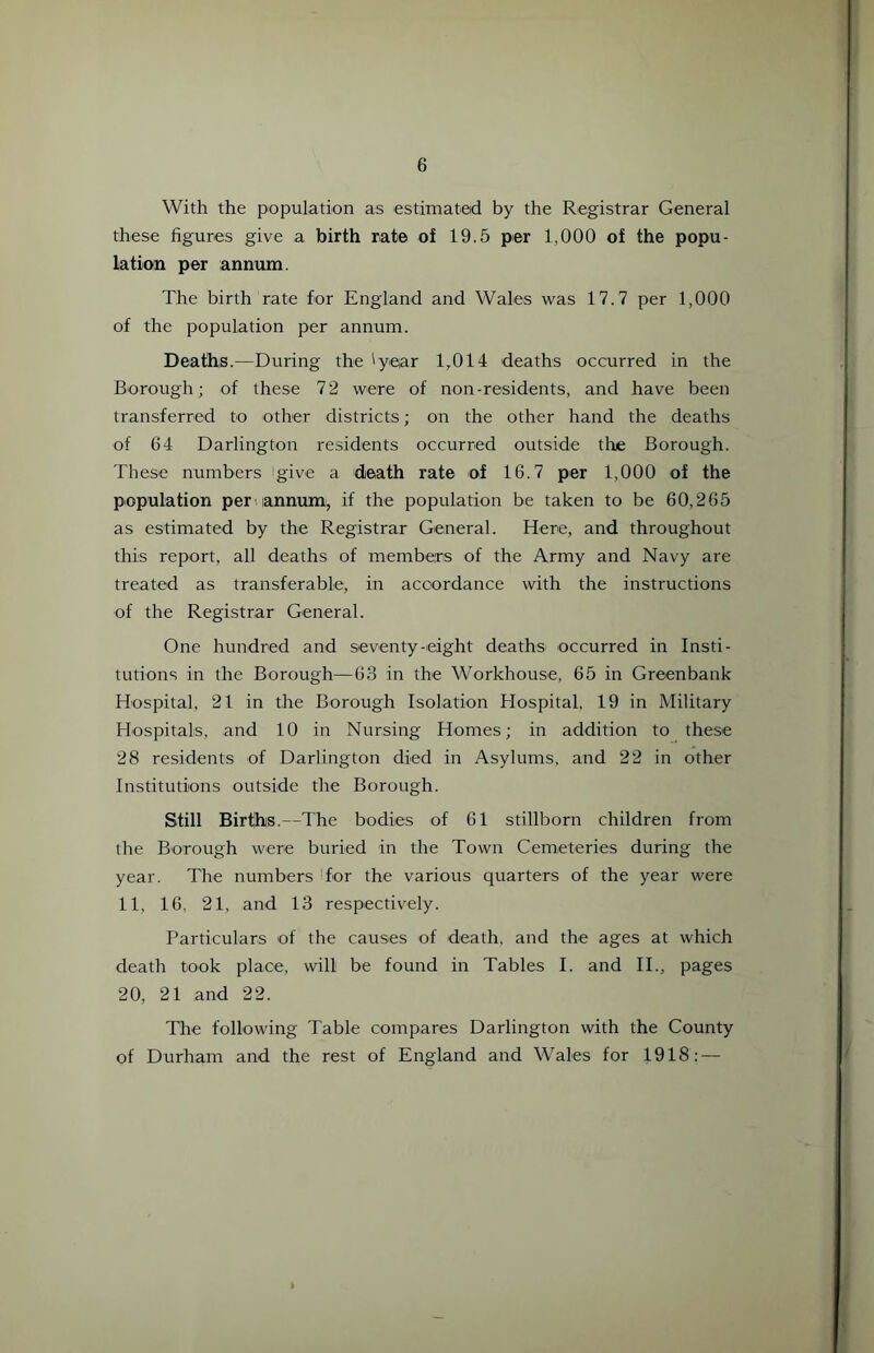 With the population as estimated by the Registrar General these figures give a birth rate of 19.5 per 1,000 of the popu- lation per annum. The birth rate for England and Wales was 17.7 per 1,000 of the population per annum. Deaths.—During the 'year 1,014 deaths occurred in the Borough; of these 72 were of non-residents, and have been transferred to other districts; on the other hand the deaths of 64 Darlington residents occurred outside the Borough. These numbers give a death rate of 16.7 per 1,000 of the population per annum, if the population be taken to be 60,265 as estimated by the Registrar General. Here, and throughout this report, all deaths of members of the Army and Navy are treated as transferable, in accordance with the instructions of the Registrar General. One hundred and seventy-eight deaths occurred in Insti- tutions in the Borough—63 in the Workhouse, 65 in Greenbank Hospital, 21 in the Borough Isolation Hospital, 19 in Military Hospitals, and 10 in Nursing Homes; in addition to these 28 residents of Darlington died in Asylums, and 22 in other Institutions outside the Borough. Still Births.—The bodies of 61 stillborn children from the Borough were buried in the Town Cemeteries during the year. The numbers for the various quarters of the year were 11, 16, 21, and 13 respectively. Particulars of the causes of death, and the ages at which death took place, will be found in Tables I. and II., pages 20, 21 and 22. The following Table compares Darlington with the County of Durham and the rest of England and Wales for 1918: —