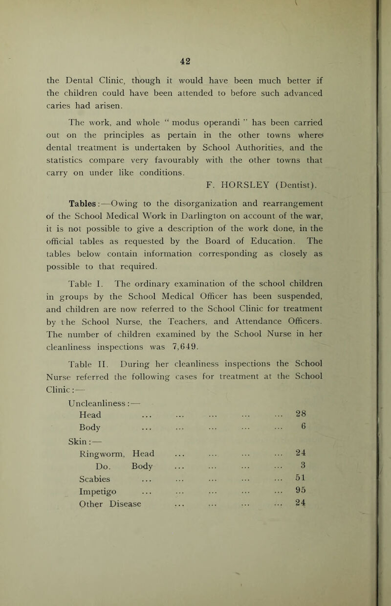 the Dental Clinic, though it would have been much better if the children could have been attended to before such advanced caries had arisen. The work, and whole “ modus operandi ” has been carried out on the principles as pertain in the other towns where* dental treatment is undertaken by School Authorities, and the statistics compare very favourably with the other towns that carry on under like conditions. F. HORSLEY (Dentist). Tables:—Owing to the disorganization and rearrangement of the School Medical Work in Darlington on account of the war, it is not possible to give a description of the work done, in the official tables as requested by the Board of Education. The tables below contain information corresponding as closely as possible to that required. Table I. The ordinary examination of the school children in groups by the School Medical Officer has been suspended, and children are now referred to the School Clinic for treatment by the School Nurse, the Teachers, and Attendance Officers. The number of children examined by the School Nurse in her cleanliness inspections was 7,649. Table II. During her cleanliness inspections the School Nurse referred the following cases for treatment at the School Clinic: — Uncleanliness : — Head Body 28 6 Skin : — Ringworm, Head 24 3 51 95 24 Do. Body Scabies Impetigo Other Disease