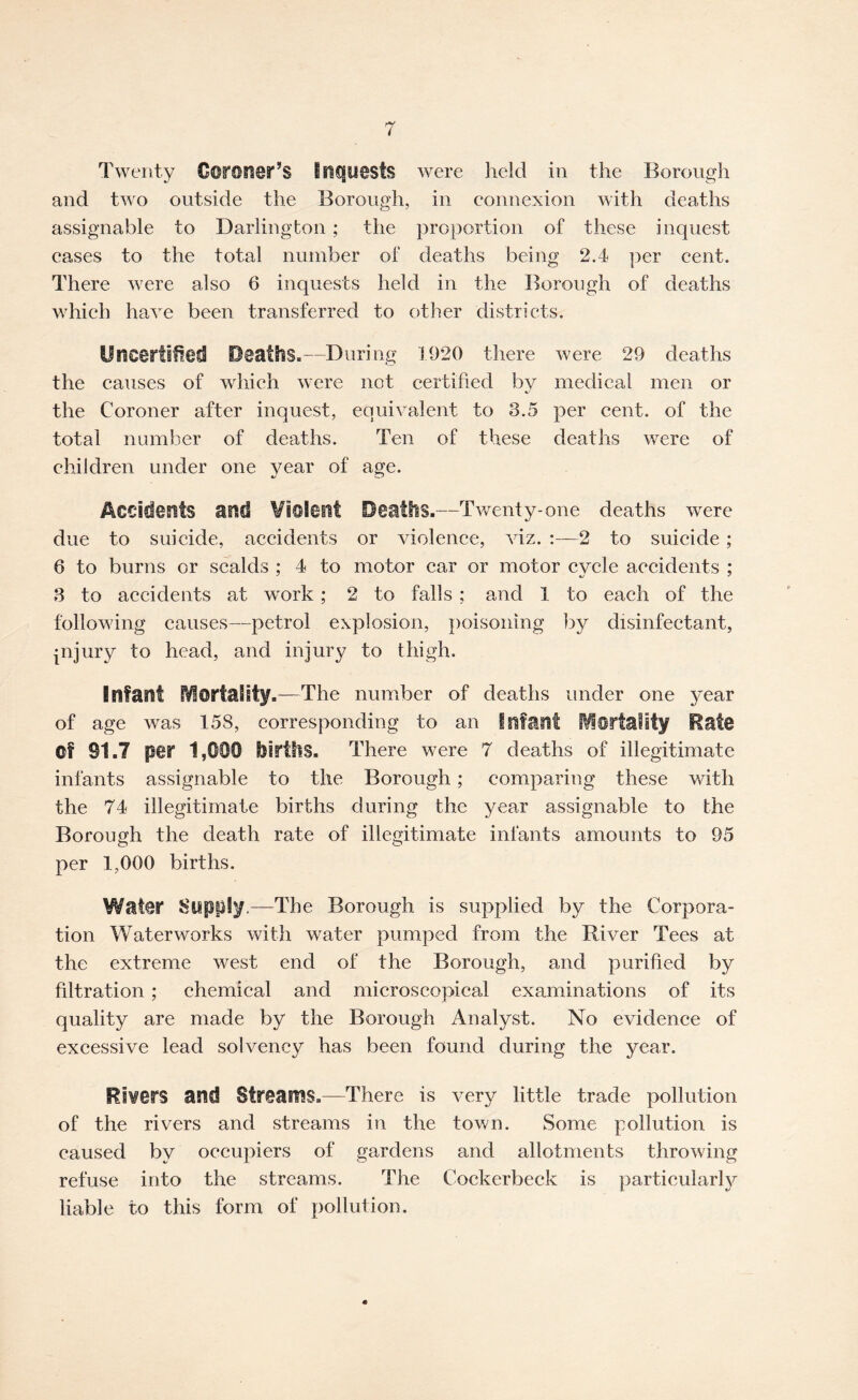 Twenty Corosier’s inCfuasts were held in the Borough and two outside the Borough, in connexion with deaths assignable to Darlington ; the proportion of these inquest cases to the total number of deaths being 2.4 ])er cent. There w^ere also 6 inquests held in the Borough of deaths which have been transferred to other districts. Uncertified Deaths.—During 1020 there were 29 deaths the causes of which were not certified by medical men or the Coroner after inquest, equivalent to 3.5 per cent, of the total number of deaths. Ten of these deaths w^ere of children under one year of age. Accidents and Violent Deaths.—Twenty-one deaths were due to suicide, accidents or violence, viz. :—2 to suicide ; 6 to burns or scalds ; 4 to motor car or motor cycle accidents ; 3 to accidents at work; 2 to falls ; and 1 to each of the following causes—petrol explosion, poisoning l^y disinfectant, injury to head, and injury to thigh. Infant S^ortaSity.—The number of deaths under one 3'ear of age was 158, corresponding to an Infant fVicrtality Rate of 91.7 per 1,000 births. There w^ere 7 deaths of illegitimate infants assignable to the Borough; comparing these with the 74 illegitimate births during the year assignable to the Borough the death rate of illegitimate infants amounts to 95 per 1,000 births. Water Supply.—The Borough is supplied by the Corpora- tion Waterworks with water pumped from the River Tees at the extreme west end of the Borough, and purified by filtration; chemical and microscopical examinations of its quality are made by the Borough Analyst. No evidence of excessive lead solvency has been found during the year. Rigors and Str©ailis.—There is very little trade pollution of the rivers and streams in the town. Some pollution is caused by occupiers of gardens and allotments throwing refuse into the streams. The Cockerbeck is particularly liable to this form of pollution.