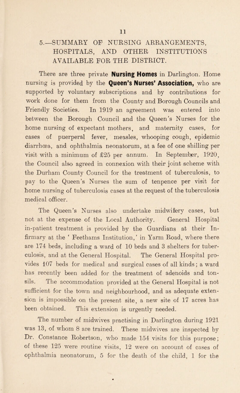 5.—SUMMARY OF NUBSING ARRANGEMENTS, HOSPITALS, AND OTHER INSTITUTIONS AVAILABLE FOR THE DISTRICT. There are three private Nursing Homes in Darlington. Home nursing is provided by the Queen’s Nurses’ Association, who are supported by voluntary subscriptions and by contributions for work done for them from the County and Borough Councils and Friendly Societies. In 1919 an agreement was entered into between the Borough Council and the Queen’s Nurses for the home nursing of expectant mothers, and maternity cases, for cases of puerperal fever, measles, whooping cough, epidemic diarrhoea, and ophthalmia neonatorum, at a fee of one shilling per visit with a minimum of £25 per 'annum. In September, 1920, the Council also agreed in connexion with their joint scheme with the Durham County Council for the treatment of tuberculosis, to pay to the Queen’s Nurses the sum of tenpence per visit for home nursing of tuberculosis cases at the request of the tuberculosis medical officer. The Queen’s Nurses also undertake midwifery cases, but not at the expense of the Local Authority. General Hospital in-patient treatment is provided by the Guardians at their In- firmary at the ‘ Feethams Institution,’ in Yarm Road, where there are 174 beds, including a ward of 10 beds arid 3 shelters for tuber- culosis, and at the General Hospital. The General Hospital pro- vides 107 beds for medical and surgical cases of all kinds; a ward has recently been added for the treatment of adenoids and ton- sils. The accommodation provided at the General Hospital is not sufficient for the town and neighbourhood, and as adequate exten- sion is impossible on the present site, a new site of 17 acres has been obtained. This extension is urgently needed. The number of midwives practising in Darlington during 1921 was 13, of whom 8 are trained. These midwives are inspected by Dr. Constance Robertson, who made 154 visits for this purpose; of these 125 were routine visits, 12 were on account of cases of ophthalmia neonatorum, 5 for the death of the child, 1 for the