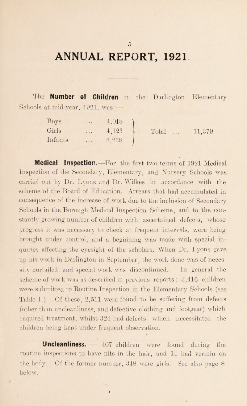 ANNUAL REPORT, 1921 The Number of Children in the Darlington Elementary Schools at mid-year 1921, was:— Boys 4,018 ' Girls 4,123 Total 11,379 Infants 3,238 JVfedical inspection.—For the first two terms of 3921 Medical Inspection of the Secondary, Elementary, and Nursery Schools was •carried out by Dr. Lyons and Dr. Wilkes in accordance with the scheme of the Board of Education. Arrears that had accumulated in consequence of the increase of work due to the inclusion of Secondary Schools in the Borough Medical Inspection Scheme, and to the con- stantly growing number of children with ascertained defects, whose progress it was necessary to check at frequent intervals, were being brought under control, and a beginning was made with special in- quiries affecting the eyesight of the scholars. When Dr. Lyons gave up his work in Darlington in September, the work done was of neces- sity curtailed, and special work was discontinued. In general the scheme of work was as described in previous reports: 3,416 children were submitted to Routine Inspection in the Elementary Schools (see Table I.). Of these, 2,511 were found to be suffering from defects (other than uncleanliness, and defective clothing and footgear) which required treatment, whilst 324 had defects which necessitated the children being keot under frequent observation. Uncleanliness. — 407 children were found during the routine inspections to have nits in the hair, and 14 had vermin on the body. Of the former number, 348 were girls. See also page 8 below.