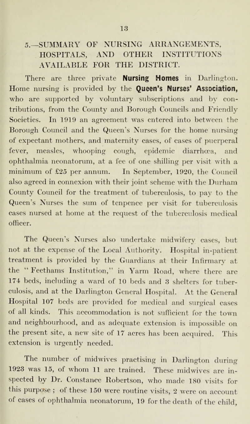 5.—SUMMARY OF NURSING ARRANGEMENTS, HOSPITALS, AND OTHER INSTITUTIONS AVAILABLE FOR THE DISTRICT. There are three private Nursing Homes in Darlington. Home nursing is provided by the Queen’s Nurses’ Association, who are supported by voluntary subscriptions and by con- tributions, from the County and Borough Councils and Friendly Societies. In 1919 an agreement was entered into between the Borough Council and the Queen’s Nurses for the home nursing of expectant mothers, and maternity cases, of cases of puerperal fever, measles, whooping cough, epidemic diarrhoea, and ophthalmia neonatorum, at a fee of one shilling per visit with a minimum of £25 per annum. In September, 1920, the Council also agreed in connexion with their joint scheme with the Durham County Council for the treatment of tuberculosis, to pay to the Queen’s Nurses the sum of tenpence per visit for tuberculosis cases nursed at home at the request of the tuberculosis medical officer. The Queen’s Nurses also undertake midwifery cases, but not at the expense of the Local Authority. Hospital in-patient treatment is provided by the Guardians at their Infirmary at the “ Feethams Institution, in Yarm Road, where there are 174 beds, including a ward of 10 beds and 3 shelters for tuber- culosis, and at the Darlington General Hospital. At the General Hospital 107 beds are provided for medical and surgical cases of all kinds. This accommodation is not sufficient for the town and neighbourhood, and as adequate extension is impossible on the present site, a new site of 17 acres has been acquired. This extension is urgently needed. The number of midwives practising in Darlington during 1923 was 15, ol whom 11 are trained. These midwives are in- spected by Dr. Constance Robertson, who made 180 visits for this purpose ; of these 150 were routine visits, 2 were on account of cases of ophthalmia neonatorum, 19 for the death of the child.