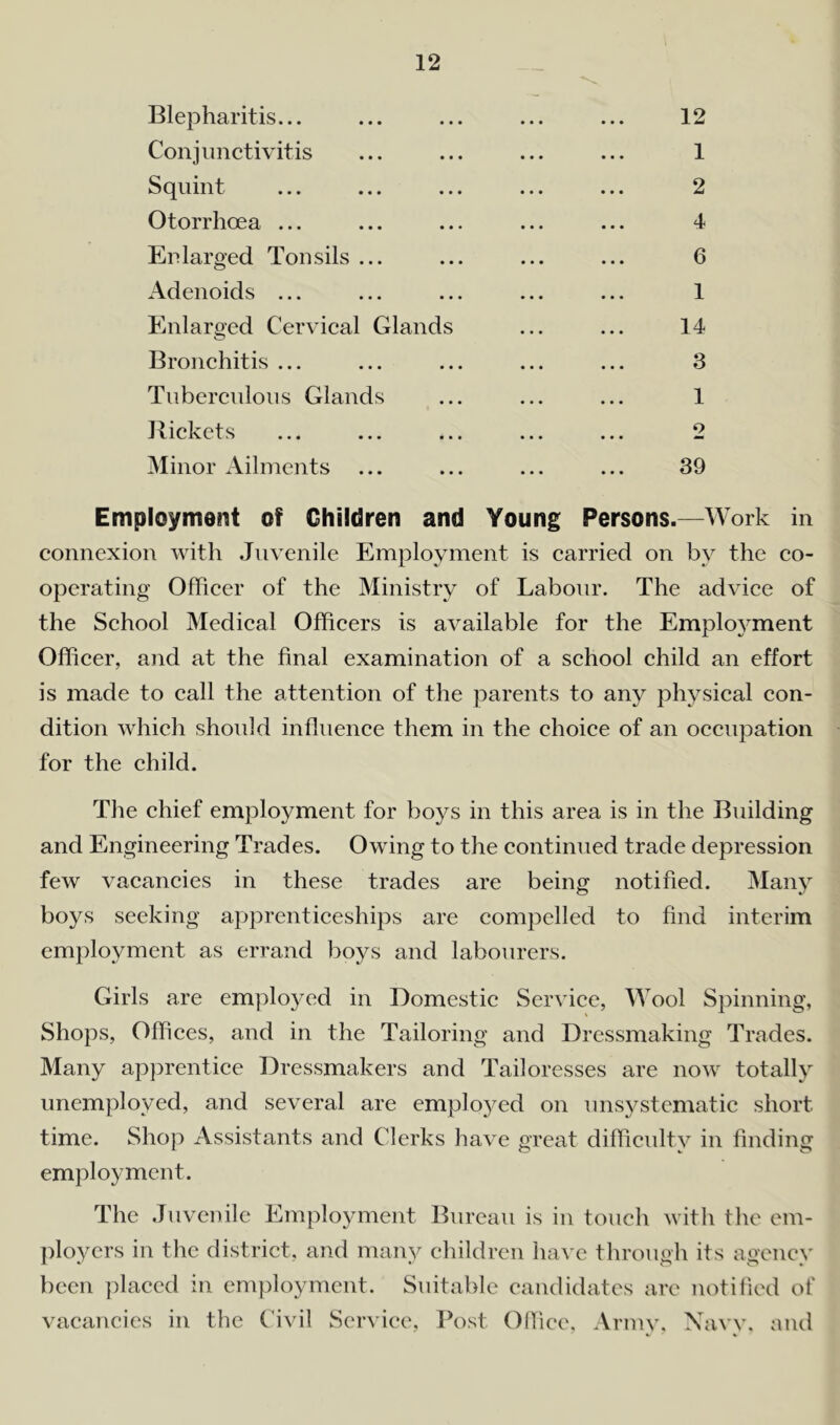 Blepharitis... ... ... ... ... 12 Conjunctivitis ... ... ... ... 1 Squint ... ... ... ... ... 2 Otorrhoea ... ... ... ... ... 4 Enlarged Tonsils ... ... ... ... 6 Adenoids ... ... ... ... ... 1 Enlarged Cervical Glands ... ... 14 Bronchitis ... ... ... ... ... 3 Tuberculous Glands ... ... ... 1 Rickets ... ... ... ... ... 2 Minor Ailments ... ... ... ... 39 Employment of Children and Young Persons.—Work in connexion with Juvenile Employment is carried on bv the co- operating Officer of the Ministry of Labour. The advice of the School Medical Officers is available for the Employment Officer, and at the final examination of a school child an effort is made to call the attention of the parents to any physical con- dition which should influence them in the choice of an occupation for the child. The chief employment for boys in this area is in the Building and Engineering Trades. Owing to the continued trade depression few vacancies in these trades are being notified. Many boys seeking apprenticeships are compelled to find interim employment as errand boys and labourers. Girls are employed in Domestic Service, Wool Spinning, Shops, Offices, and in the Tailoring and Dressmaking Trades. Many apprentice Dressmakers and Tailoresses are now totally unemployed, and several are employed on unsystematic short time. Shop Assistants and Clerks have great difficulty in finding employment. The Juvenile Employment Bureau is in touch with the em- ployers in the district, and many children have through its agency been placed in employment. Suitable candidates are notified of vacancies in the Civil Service, Post Office, Army, Navy, and