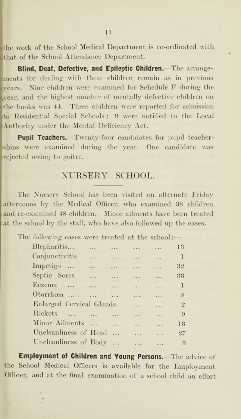 [lie work of tlie School Medical Department is co-ordinated with ihat of the Scliool Attendance Department. Blind, Deaf, Defective, and Epileptic Children.—The arranne- imcnts lor dealino- with tlicse children remain as in previous fvears. Nine children were examined for Schedule F durino' the ,year, and the highest number of mentally defective children on the hooks was 11. d'hree cidldren were reported for admission to Residential Special Schools ; 9 were notified to the Local Authority under the Mental Deficiency Act. Pupil Teachers. Twenty-four candidates for pujiil teacher- shi{)s were examined during the year. One candidate was rejected owing to goitre. NURSERY SCHOOL. The Nursery School has been visited on alternate Friday afternoons by the Medical Officer, who examined .38 children and re-examined 48 children. Minor ailments have been treated at the school by the staff, who have also followed u]) the cases. The following cases wei Rlepharitis... Conjunctivitis Impetigo ... Septic Sores Kczema Otorrhoea ... Knlarged Ccr\ ical Oland Rickets Minor Ailments ... Uncleanliness of Head Uncleanliness of Rody c treated at the school:— 1.3 1 .32 .3.3 1 8 2 t) 1.3 27 .3 Employment of Children and Young Persons. The advice of the School Medical Officers is available for the Employment Officer, and at the final examination of a school child an effort