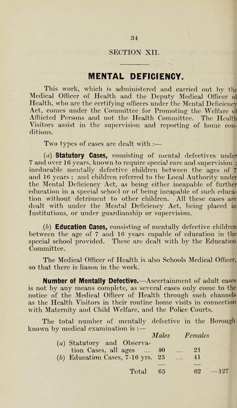 84- SECTION XII. MENTAL DEFICIENCY. This work, which is administered and carried out by the Medical Officer of Health and the Deputy Medical Officer of Health, who are the certifying officers under the Mental Deficiency Act, comes under the Committee for Promoting the Welfare of Afflicted Persons and not the Health Committee. The Health Visitors assist in the supervision and reporting of home con- ditions. Two types of cases are dealt with :— {a) Statutory Gases, consisting of mental defectives under 7 and over 16 years, known to require special care and supervision ; ineducable mentallv defective children between the asres of 7 and 16 years ; and children referred to the Local Authority under the Mental Deficiency Act, as being either incapable of further education in a special schocd or of being incapable of such educa- tion without detriment to other children. All these cases are dealt with under the Mental Deficiency Act, being placed in Institutions, or under guardianship or supervision. (b) Education Gases, consisting of mentally defective children between the age of 7 and 16 years capable of education in the special school provided. These are dealt with by the Education Committee. The Medical Officer of Health is also Schools Medical Officer, so that there is liason in the work. Number Of Mentally Defective.—Ascertainment of adult cases is not by any means complete, as several cases only come to the notice of the Medical Officer of Health through such channels as the Health Visitors in their routine home visits in connection with Maternity and Child Welfare, and the Police Courts. The total number of mentally defective in the Borough known by medical examination is :— Males Females («) Statutory and Observa- tion Cases, all ages .... 40 .... 21 (b) Education Cases, 7-16 yrs. 25 .... 41 Total 65 62 — 127