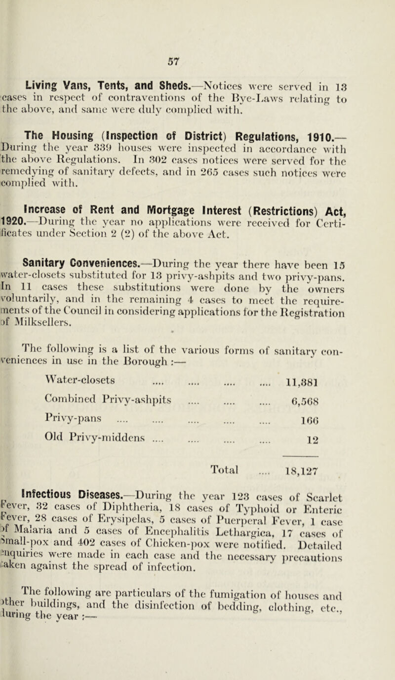 Living Vans, Tents, and Sheds.—Notices were served in 13 cases in respect of contraventions of the Bye-Laws relating to the above, and same were duly complied with. The Housing (Inspection of District) Regulations, 1910.— During the year 339 houses were inspected in accordance with the above Regulations. In 302 cases notices were served for the remedying of sanitary defects, and in 265 cases such notices were complied with. Increase of Rent and Mortgage Interest (Restrictions) Act, 1920.—During the year no applications were received for Certi- ficates under Section 2 (2) of the above Act. Sanitary Conveniences.—During the year there have been 15 water-closets substituted for 13 privy-ashpits and two privy-pans. In 11 cases these substitutions were done by the owners voluntarily, and in the remaining 4 cases to meet the require- ments of the Council in considering applications for the Registration of Milksellers. The following is a list of the various forms of sanitary con- veniences in use in the Borough :— Water-closets Combined Privy-ashpits Privy-pans Old Privy-middens .... Total 11,381 6,568 166 12 18,127 Infectious Diseases.—During the year 123 cases of Scarlet Fever, 32 cases of Diphtheria, 18 cases of Typhoid or Enteric Fever,^ 28 cases ol Erysipelas, 5 cases of Puerperal Fever, 1 case >f Malaria and 5 cases of Encephalitis Lethargica, 17 cases of ^mall-pox and 402 cases of Chicken-pox were notified. Detailed inquiries were made in each case and the necessary precautions 'aken against the spread of infection. The following are particulars of the fumigation of houses and Jther buildings, and the disinfection of bedding, clothing, etc luring the year ;— s