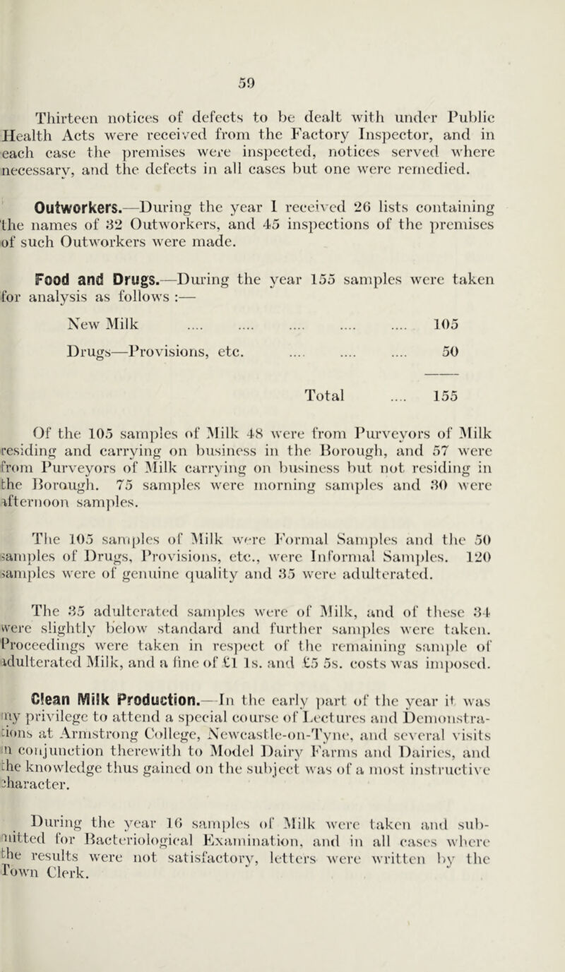 50 Thirteen notices of defects to be dealt with under Public Health Acts were received from the Factory Inspector, and in each case the premises were inspected, notices served where necessary, and the defects in all cases but one were remedied. Outworkers.—During the year I received 26 lists containing the names of 32 Outworkers, and 45 inspections of the premises of such Outworkers were made. Food and Drugs.—During the year 155 samples were taken for analysis as follows :— New Milk 105 Drugs—Provisions, etc. .... .... .... 50 Total .... 155 Of the 105 samples of Milk 48 were from Purveyors of Milk residing and carrying on business in the Borough, and 57 were from Purveyors of Milk carrying on business but not residing in the Borough. 75 samples were morning samples and 30 were afternoon samples. Tl ie 105 samples of Milk were Formal Samples and the 50 samples of Drugs, Provisions, etc., were Informal Samples. 120 samples were of genuine quality and 35 were adulterated. The 35 adulterated samples were of Milk, and of these 34 were slightly below standard and further samples were taken. Proceedings were taken in respect of the remaining sample of idulterated Milk, and a fine of tl Is. and £5 5s. costs was imposed. Clean IViiSk Production.— In the early part of the year it was aty privilege to attend a special course of Lectures and Demonstra- tes at Armstrong College, Newcast le-on-Tyne, and several visits n conjunction therewith to Model Dairy Farms and Dairies, and die knowledge thus gained on the subject was of a most instructive character. During the year 16 samples of Milk were 'uitted for Bacteriological Examination, and in the results were not satisfactory, letters were Town Clerk. taken and sub- all cases where written by the