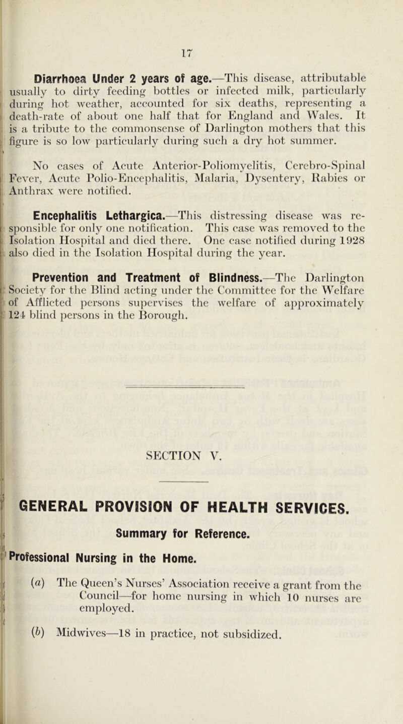 Diarrhoea Under 2 years of age.—This disease, attributable usually to dirty feeding bottles or infeeted milk, partieularly I during hot weather, aeeounted for six deaths, representing a i death-rate of about one half that for England and Wales. It is a tribute to the eommonsense of Darlington mothers that this figure is so low })articularly during sueh a dry hot summer. No eases of Aeute Anterior-Poliomyelitis, Cerebro-Spinal I Fever, Aeute Polio-Eneephalitis, Malaria, Dysentery, Rabies or Anthrax were notified. Encephalitis Lethargica.—This distressing disease was re- sponsible for only one notifieation. This ease was removed to the Isolation Hospital and died there. One ease notified during 1928 also died in the Isolation Hospital during the year. Prevention and Treatment of Blindness.—The Darlington Soeiety for the Blind aeting under the Committee for the Welfare of Afflieted })ersons suj)ervises the welfare of a})proximately 124 blind persons in the Borough. SECTION V. GENERAL PROVISION OF HEALTH SERVICES, i Summary for Reference. 'Professional Nursing in the Home. j (a) The Queen’s Nurses’ Assoeiation reeeive a grant from the li Couneil—for home nursing in whieh 10 nurses are \ employed. t {b) Midwives—18 in practice, not subsidized.