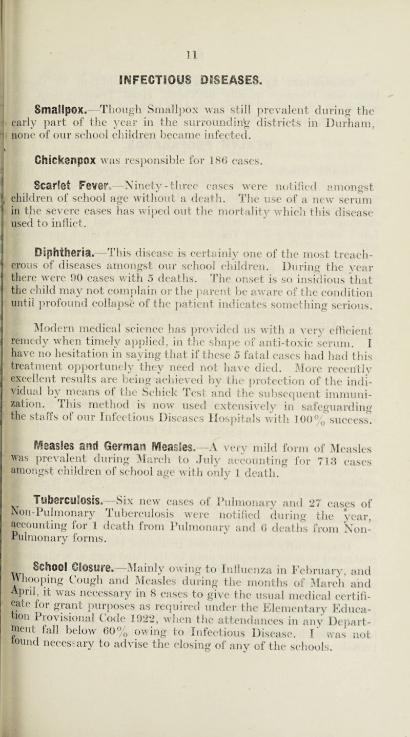 BryFEGTiOUS DiSEASES. Smallpox.- Though Sniall]K)x was still prevalent during tlie f early ])art of tlie year in the surroundinVg districts in Durham, ■1 none of our school children became infected. ChickenpOX was responsible for 1<S6 eases. } '* Scarlet Fever. Ninety-three eases were noiilied a.mongst t children of school age without a death. The use of a new serum ■ in the severe eases lias wipctl out the mortality which this disease ■ used to iidliet. Diphtheria. This disease is certainly one of the most treach- erous of diseases amongst our school children. During the year there were 90 cases v/itli 5 deaths, 'bhe onset is so insidious that the child may not comjilain or the j^areut be aware of tlic condition until ju’ofound collapse of the patient indicates something serious. Modern medical science lias jirovided us with a very eilicient remedy when timely ajiplied, in the shape of anti-toxic serum. I have no hesitation in saying that if these 5 fatal cases had had this treatment opjiortunely they need not ha^■e died. More reccnily excellent results are being achieved by tlic |)rotection of the indi- vidual by means ol the Schick Test and the sidiseipient immuni- zation. This method is now used extensively in safeguarding the staffs of our Infectious Diseases Hospitals with. 100% success^ ivisasles and German IVIea.s5es. - -A very mild form of .Measles was [irevalent during .Alarch to .July accounting for TD'l cases amongst children of school age with onlv I death. Tuberculosis. Six new cases of ruhnonary and 27 cases of Aon-Pulmonary Tuberculosis were notified during the year, accounting for 1 death from Pidmonary and 0 dcatlis from *Xon- viilmonary forms. Wi iflOSUre. Mainly owing to rnlhienza in February, and V\hoo|ung Cough and Measles during the months of March and April, it was necessary in 8 cases to give the usual medical certili- c*ate for grant purposes as reipiired under the Klcmentary Kduea- lon I lovisional Code 1922, \N'hen the attendances in any Deiiart- nient fall below 60% owing to Infectious Disease. I was not louiid necessary to advise the closing of any of the schools.