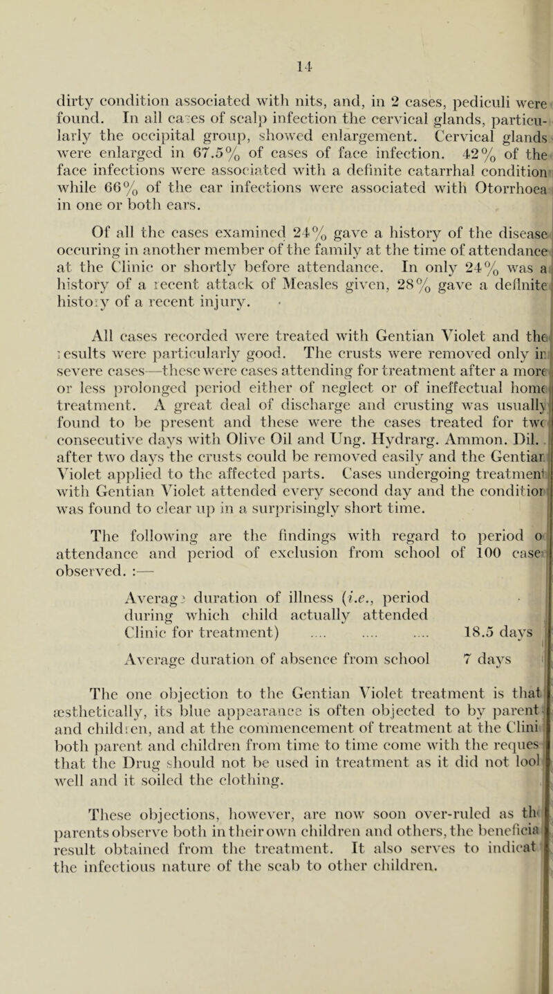 dirty condition associated with nits, and, in 2 cases, pediculi were found. In all ca?es of scalp infection the cervical glands, particu- larly the occipital group, showed enlargement. Cervical glands were enlarged in 67.5% of cases of face infeetion. 42% of the face infections were associated with a definite catarrhal condition while 66% of the ear infections were associated with Otorrhoea in one or both ears. Of all the cases examined 24% gave a history of the disease occnring in another member of the family at the time of attendance at the Clinic or shortly before attendance. In only 24% was a : history of a recent attack of Measles given, 28% gave a definite: histoiy of a recent injury. All cases recorded were treated with Gentian Violet and the lesults were particular!}^ good. The crusts were removed only ir; severe cases—these were cases attending for treatment after a mort« or less ])rolonged period eitlier of neglect or of ineffectual honu | treatment. A great deal of discharge and crusting was usuall}i found to be present and these were the cases treated for twe i consecutive days with Olive Oil and Ung. Hydrarg. Ammon. Dil. ,j after two days the crusts could be removed easily and the Gentiar. i Violet applied to the affected parts. Cases undergoing treatmeni j with Gentian Violet attended every second day and the conditior i was found to clear up in a surprisingly short time. The following are the findings with regard to period o attendance and period of exclusion from school of 100 case6 observed. :— Average duration of illness {i.e., period during which child actually attended Clinic for treatment) 18.5 days i .c/ VCCl V 7 days i Average duration of absence from school The one objection to the Gentian Violet treatment is that' jcsthetically, its blue appearance is often objected to by parent- and childien, and at the commencement of treatment at the Clini both parent and children from time to time come with the reques i that the Drug should not be used in treatment as it did not lool well and it soiled the clothing. These objections, however, are now soon over-ruled as th* parents observe both in their own children and others, the beneficia result obtained from the treatment. It also serves to indicat the infectious nature of the scab to other children.