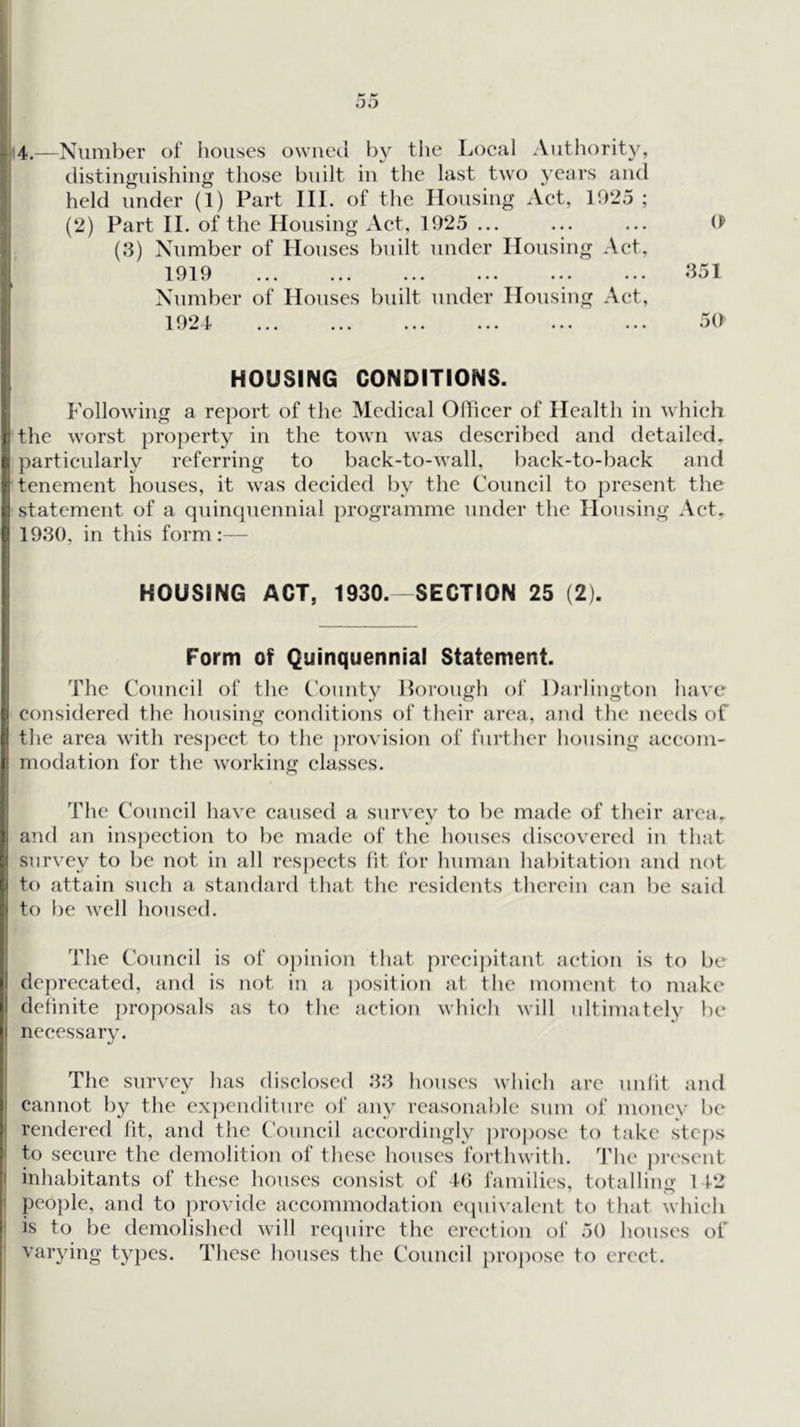 4.—Number of houses owuetl by tlie Local Authority, distinguishing those built in the last two years and held under (1) Part III. of the Housing Act, 1925 ; (2) Part 11. of the Housing Act, 1925 ... ... ... (J* (3) Number of Houses built under Housing Act, 1919 •151 Number of Houses built under Housing Act, 1924 ... ... ... ... ... ••• 50 HOUSING CONDITIONS. Following a report of the Medical OHicer of Health in which 1 the worst property in the town was described and detailed, i particularly referring to back-to-wall, back-to-back and p tenement houses, it was decided by the Council to present the iJ statement of a quinquennial programme under the Housing Act, {! 1930, in this form;— HOUSING ACT, 1930. SECTION 25 (2). Form of Quinquennial Statement. The Council of the County Horough of Darlington have :i considered the housing conditions of their area, and the needs of V. the area with respect to the ])rovision of further housing aeeom- I modation for the working classes. The Council have caused a survey to be made of their arca.^ I and an inspection to be made of the houses discovered in that [ survey to be not in all res|)ects lit for human habitation and not P to attain such a standard that the residents therein can l)e said L to })e well housed. The Council is of o])inion that precipitant action is to be » deprecated, and is not in a position at the moment to make I definite proposals as to the action which will ultimately be II necessary. The survey has disclosed 33 houses which are unlit and cannot by the ex])cnditure of any reasonable sum of money be rendered fit, and the ('ouncil {leeordingly pro])osc to take steps to secure the demolition of these houses forthwith. The j)resent inhabitants of these houses consist of Id families, totallinji 142 people, and to provide accommodation etjuivalcnt to that which ' is to be demolished will recpiire the erection of 50 houses of varying types. These houses the Council })ro))ose to erect.