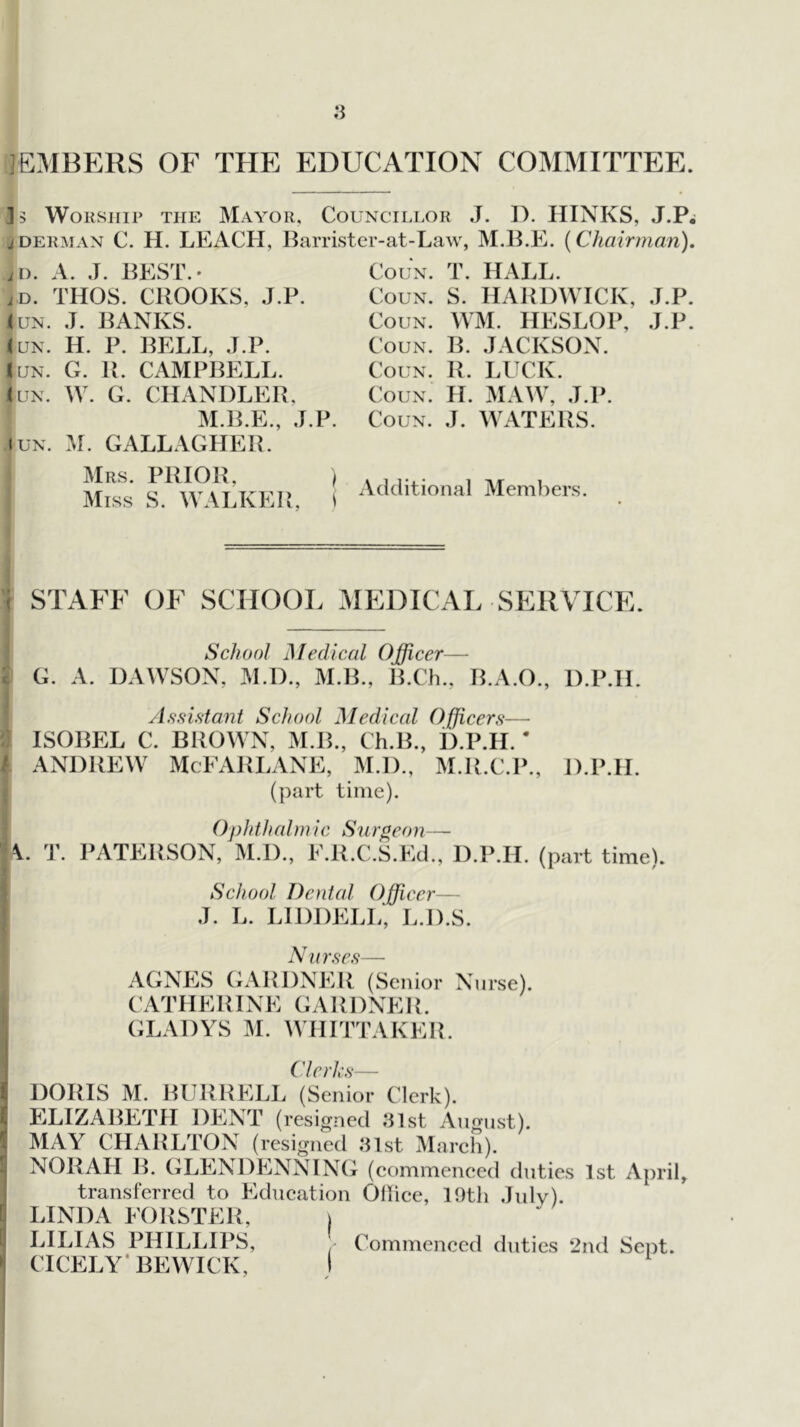 jEMBERS OF THE EDUCATION COMMITTEE. Js Worship the Mayor, Councillor J. I). HINKS, J.P, iDERMAN C. H. LEACH, Barristcr-at-Law, M.B.E. {Chairman). ii). A. J. BEST.' iD. THOS. CROOKS, J.P. (UN. J. BANKS. (UN. H. P. BELL, J.P. (UN. G. l\. CAMPBELL. (UN. W. G. CHANDLER, M.B.E., J.P. I UN. M. GALLAGHER. Mrs. prior, ) Miss S. WALKER, i CouN. T. HALL. CouN. S. HARDWICK, J.P. Colin. WM. HESLOP, J.P. CoUN. B. JACKSON. CouN. R. LUCK. CouN. H. MAW, J.P. CoUN. J. WATEP.S. iVdditional Members. STAFF OF SCHOOL MEDICAL SERVICE. School Medical Officer— G. A. DAWSON, M.D., M.B., JLCh., B.A.O., D.P.H. Assistant School Medical Officers— ISOBEL C. BROWN, M.B., Ch.B., D.P.H. * t ANDREW McFxVRLANE, M.D., M.Pt.C.P., (part time). D.P.H. ()})hthalrn ic Sur^eon— \. T. I’ATERSON, IM.D., E.R.C.S.Ed., D.P.H. (part time). School Dental Officer— J. L. LIDDELL', L.D.S. Nurses— AGNES (GARDNER (Senior Nurse). CATHERINE GARDNER. (iLADYS M. WHITTAKER. Clerks - i DORIS M. BURRELL (Senior Clerk). I ELIZABETH DENT (resigned Jlst August). 5 MAY CHARLTON (resigned Jlst March). NORAPI B. GLENDPjNNING (commenecd duties 1st April, transferred to P^dncation Ollice, 19th July), f LINDA FORSTER, j ! LILIAS PHILLIPS, Commenced duties 2nd Seiit. ' CICELY’BEWICK, I
