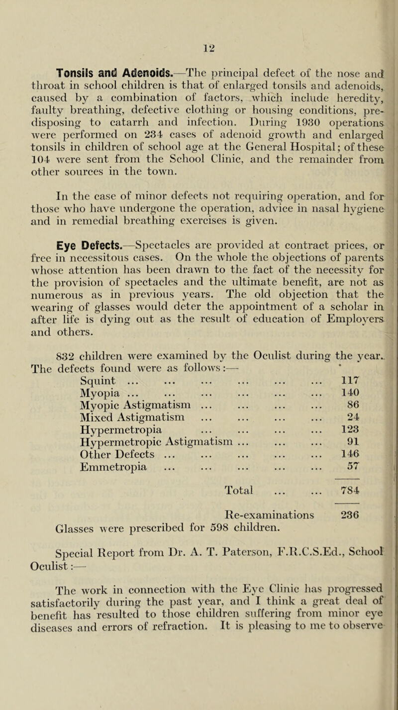 Tonsils and Adenoids.—The principal defect of the nose and throat in school children is that of enlarged tonsils and adenoids, caused by a combination of factors, _which include heredity, faulty breathing, defective clothing or housing conditions, pre- , disposing to catarrh and infection. During 1930 operations were performed on 234 cases of adenoid growth and enlarged tonsils in children of school age at the General Hospital; of these ! 104 were sent from the School Clinic, and the remainder from | other sources in the town. In the case of minor defects not requiring operation, and for | those who have undergone the operation, advice in nasal hygiene and in remedial breathing exercises is given. ' Eye Defects.—Spectacles are provided at contract prices, or free in necessitous cases. On the whole the objections of parents whose attention has been drawn to the fact of the necessitv for %/ the provision of spectacles and the ultimate benefit, are not as numerous as in previous years. The old objection that the wearing of glasses would deter the appointment of a scholar in after life is dying out as the result of education of Employers and others. 832 children were examined by the Oculist during the year.. The defects found were as follows:— Squint ... 117 Myopia ... 140 Myopic Astigmatism ... 86 Mixed Astigmatism 24 Hypermetropia 123 Hypermetropic Astigmatism ... 91 Other Defects ... 146 Emmetropia 57 Total 784 Re-examinations 236 Glasses were prescribed for 598 children. Special Report from Dr. A. T. Paterson, F.R.C.S.Ed., School Oculist:— The work in connection with the Eye Clinic has progressed satisfactorily during the past year, and I think a great deal of benefit has resulted to those children suffering from minor eye diseases and errors of refraction. It is pleasing to me to observe