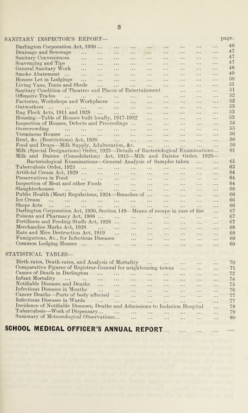 SANITARY INSPECTOR’S REPORT— page. Darlington Corporation Act, 19.‘10 ... Drainage and Sewerage Sanitary Conveniences Scavenging and Tips General Sanitary Work Smoke Abatement ... Houses Let in Lodgings laving Vans, Tents and Sheds Sanitary Condition of Theatres and Places of Entertainment Offensive Trades Factories, Workshops and Workplaces Outworkers ... Rag Flock Acts, 1911 and 1928 Housing—Table of Houses built locally, 1917-19.82 Inspection of Houses, Defects and Proceedings ... Overcrowding Verminous Houses ... Rent, &c. (Restrictions) Act, 1920 Food and Drugs—Milk Su2)ply, Adulteration, &c. Milk (Special Designations) Order, 1928—Details of Bacteriological Examinations... 61 Milk and Dairies (Consolidation) Act, 191.5—Milk and Dairies Order, 1926— Bacteriological Examinations—General Analysis of Samples taken ... ... 61 Tuberculosis Order, 1925 ... ... ... ... ... ... ... ... ... 63 Artificial Cream Act, 1929 ... ... ... ... ... ... ... ... ... 64 Preservatives in Food ... ... ... ... ... ... ... ... ... 64 Inspection of Meat and other Foods ... ... ... ... ... ... ... 64 Slaughterhouses ... ... ... ... ... ... ... ... ... ... 66 Public Health (Meat) Regulations, 1924—Breaches of ... ... ... ... ... 66 Ice Cream ... ... ... ... ... ... ... ... ... ... ... 66 Shops Acts ... ... ... ... ... ... ... ... ... ... ... 66 Darlington Corporation Act, 1980, Section 149—lyieans of escape in case of fire ... 67 Poisons and Pharmacy Act, 1908 ... ... ... ... ... ... ... ... 67 Fertilisers and Feeding Stuffs Act, 1926 ... ... ... ... ... ... ... 67 Merchandise Marks Act, 1926 ... ... ... ... ... ... ... ... 68 Rats and Mice Destruction Act, 1919 ... ... ... ... ... ... ... 68 Fumigations, See., for Infectious Diseases ... ... ... ... ... ... 69 Common Lodging Houses ... ... ... ... ... ... ... ... ... 69 46 47 47 47 48 49 50 51 51 52 52 53 53 53 54 55 56 56 56 STATISTICAL TABLES— Birth-rates, Death-rates, and Analysis of Mortality Comparative Figures of Registrar-General for neighbouring towns Causes of Death in Darlington Infant Mortality Notifiable Diseases and Deaths Infectious Diseases in Alonths Cancer Deaths—Parts of body affected Infectious Diseases in Wards Incidence of Notifiable Diseases, Deaths and Admissions to Isolation Hos]>ital Tuberculosis—Work of Disj)ensary... Summary of Meteorological Observations 70 71 72 74 75 76  p* /1 11 78 79 80 SCHOOL MEDICAL OFFICER’S ANNUAL REPORT. ..