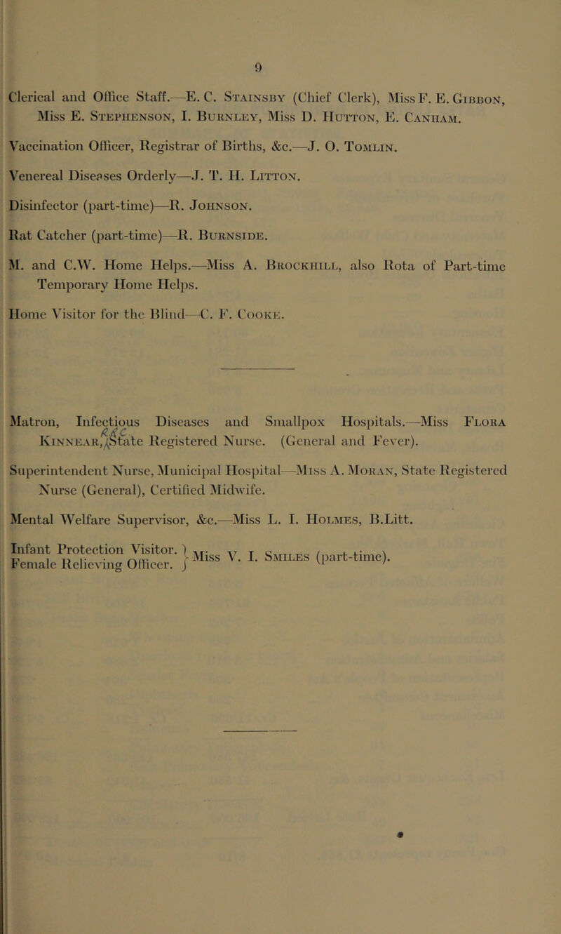 Clerical and Ollice Staff.—E. C. Stainshy (Chief Clerk), Miss F. E, Gibbon, Miss E. Stephenson, I. Burnley, Miss D. Hutton, E. Caniiam, Vaccination Officer, Registrar of Births, &c.—^J. O. Tomlin. Venereal Diseases Orderly—J. T. H. Litton. Disinfector (part-time)—R. Johnson. Rat Catcher (part-time)—R. Burnside. M. and C.W. Home Helps.—Miss A. Brockhill, also Rota of Part-time Temporary Home Heljis. Home Visitor for the Blind—C. F. Cooke. Matron, Infectious Diseases and Smallpox Hospitals.—Miss Flora KiNNEAR,'^^^ile Registered Nurse. (General and Fever). Superintendent Nurse, Municipal Hospital—IMiss A. Moran, State Registered Nurse (General), Certilied MidAvife. Mental Welfare Supervisor, &c.—Miss L. I. Holmes, B.Litt. Infant Protection Visitor. Female Relie\'ing Officer. 1 ) - Miss V. I. Smiles (part-time).