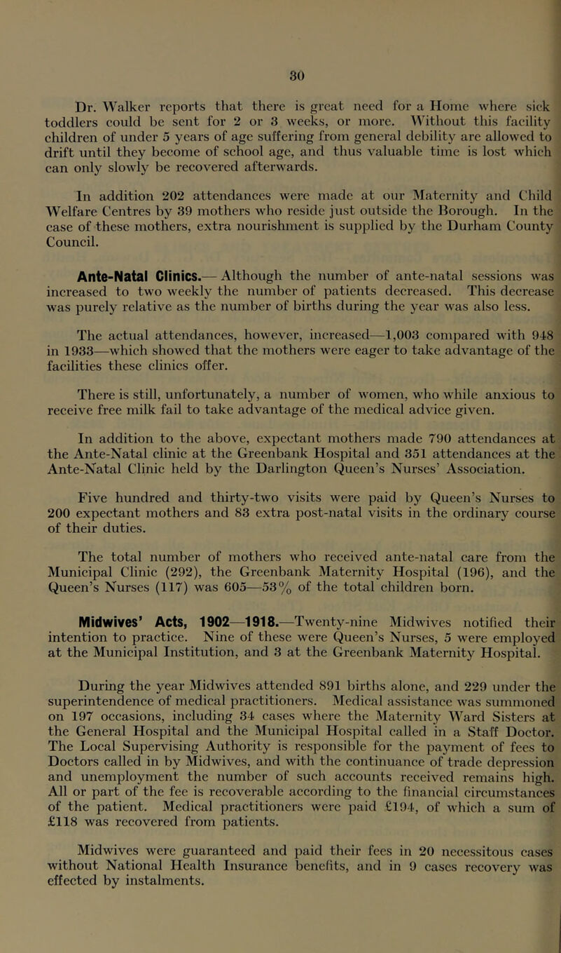 Dr. Walker reports that there is great need for a Home where sick toddlers could be sent for 2 or 3 weeks, or more. Without this facility children of under 5 years of age suffering from general debility are allowed to drift until they become of school age, and thus valuable time is lost which can only slowly be recovered afterwai'ds. In addition 202 attendances were made at our Maternity and Child Welfare Centres by 39 mothers who reside just outside the Borough. In the case of these mothers, extra nourishment is supplied by the Durham County Council. Ante-Natal Clinics.— Although the number of ante-natal sessions was increased to two weekly the number of patients decreased. This decrease was purely relative as the number of births during the year was also less. The actual attendances, however, increased—1,003 compared with 948 in 1933—which showed that the mothers were eager to take advantage of the facilities these clinics offer. There is still, unfortunately, a number of women, who while anxious to receive free milk fail to take advantage of the medical advice given. In addition to the above, expectant mothers made 790 attendances at the Ante-Natal clinic at the Greenbank Hospital and 351 attendances at the Ante-Natal Chnic held by the Darlington Queen’s Nurses’ Association. Five hundred and thirty-two visits were paid by Queen’s Nurses to 200 expectant mothers and 83 extra post-natal visits in the ordinary course of their duties. The total number of mothers who received ante-natal care from the Municipal Clinic (292), the Greenbank Maternity Hospital (196), and the Queen’s Nurses (117) was 605—53% of the total children born. Midwives’ Acts, 1902—1918.—Twenty-nine Midwives notified their intention to practice. Nine of these were Queen’s Nurses, 5 were employed at the Municipal Institution, and 3 at the Greenbank Maternity Hospital. During the year Midwives attended 891 births alone, and 229 under the superintendence of medical practitioners. Medical assistance was summoned on 197 occasions, including 34 cases where the Maternity Ward Sisters at the General Hospital and the Municipal Hospital called in a Staff Doctor. The Local Supervising Authority is responsible for the payment of fees to Doctors called in by Midwives, and with the continuance of trade depression and unemployment the number of such accounts received remains high. All or part of the fee is recoverable according to the financial circumstances of the patient. Medical practitioners were paid €194, of which a sum of £118 was recovered from patients. Midwives were guaranteed and paid their fees in 20 necessitous cases without National Health Insurance benefits, and in 9 cases recovery was effected by instalments.