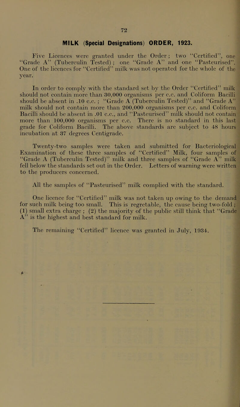 MILK (Special Designations) ORDER, 1923. Five Licences were granted under the Order; two “Certified”, one “Grade A” (Tuberculin Tested) ; one “Grade A” and one “Pasteurised”. One of the licences for “Certified” milk was not operated for the whole of the year. In order to comply with the standard set by the Order “Certified” milk should not contain more than 30,000 organisms per c.c. and Coliform Bacilli should be absent in .10 c.c. ; “Grade A (Tuberculin Tested)” and “Grade A” milk should not contain more than 200,000 organisms per c.c. and Coliform Bacilli should be absent in .01 c.c., and “Pasteurised” milk should not contain more than 100,000 organisms per c.c. There is no standard in this last grade for Coliform Bacilli. The above standards are subject to 48 hours incubation at 37 degrees Centigrade. Twenty-two samples were taken and submitted for Bacteriological Examination of these three samples of “Certified” Milk, four samples of “Grade A (Tuberculin Tested)” milk and three samples of “Grade A” milk fell below the standards set out in the Order. Letters of warning were written to the producers concerned. All the samples of “Pasteurised” milk complied with the standard. One licence for “Certified” milk was not taken up owing to the demand for such milk being too small. This is regretable, the cause being two-fold ; (1) small extra charge ; (2) the majority of the public still think that “Grade A” is the highest and best standard for milk. The remaining “Certified” licence was granted in July, 1934.