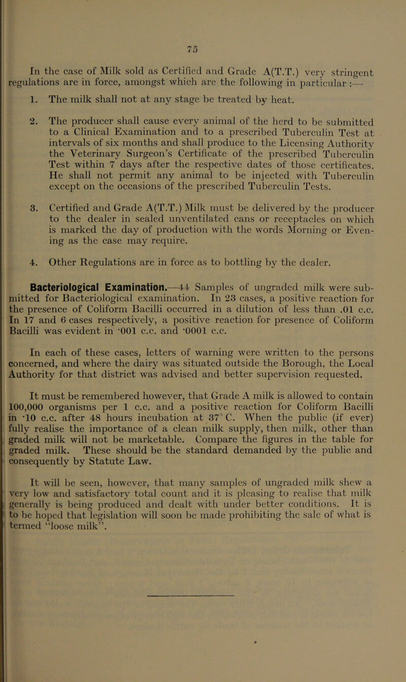 regulations are in force, amongst which are the following in particular :— 1. The milk shall not at any stage be treated by heat. 2. The producer shall cause every animal of the herd to be submitted to a Clinical Examination and to a prescribed Tuberculin Test at intervals of six months and shall produce to the Licensing Authority the Veterinary Surgeon’s Certificate of the prescribed Tuberculin Test within 7 days after the respective dates of those certificates. He shall not permit any animal to be injected with Tuberculin except on the occasions of the prescribed Tuberculin Tests. 3. Certified and Grade A(T.T.) Milk must be delivered by the producer to the dealer in sealed unventilated cans or receptacles on which is marked the day of production with the words Morning or Even- ing as the case may require. 4. Other Regulations are in force as to bottling by the dealer. Bacteriological Examination.—44 Samples of ungraded milk were sub- mitted for Bacteriological examination. In 23 cases, a positive reaction for the presence of Coliform Bacilli occurred in a dilution of less than .01 c.c. In 17 and 6 cases respectively, a positive reaction for presence of Coliform Bacilli was evident in ‘001 c.c. and ’0001 c.c. In each of these cases, letters of warning were written to the persons coneerned, and where the dairy was situated outside the Borough, the Local Authority for that district was advised and better super\dsion requested. It must be remembered however, that Grade A milk is allowed to contain 100,000 organisms per 1 c.c. and a positive reaction for Coliform Bacilli in ‘10 c.c. after 48 hours incubation at 37'’ C. When the public (if ever) fully realise the importance of a clean milk supply, then milk, other than graded milk will not be marketable. Compare the figures in the table for graded milk. These should be the standard demanded by the public and consequently by Statute Law. It will be seen, however, that many samples of ungraded milk shew a very low and satisfactory total count and it is pleasing to realise that milk generally is being produced and dealt with under better conditions. It is to be hoped that legislation will soon be made prohibiting the sale of what is termed “loose milk”.