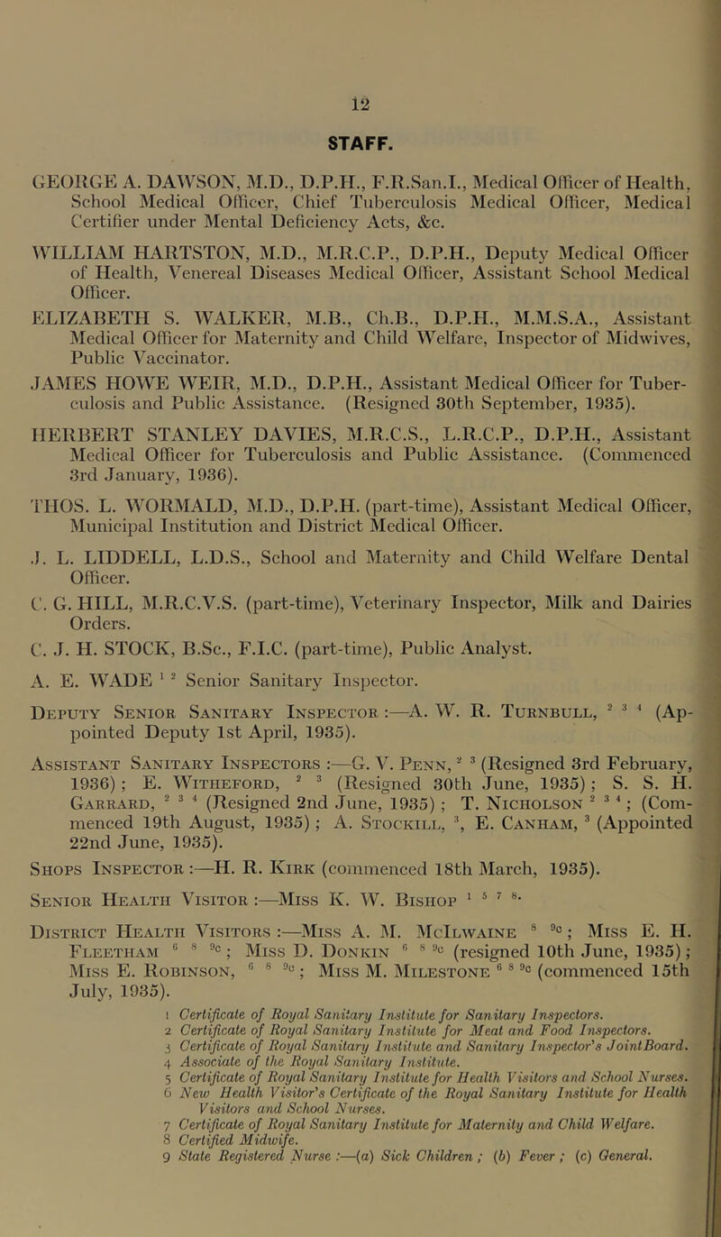 STAFF. GEORGE A. DAWSON, M.D., D.P.H., F.R.San.I., Medical Officer of Health, School Medical Officer, Chief Tuberculosis Medical Offiicer, Medical Certifier under Mental Deficiency Acts, &c. WILLIAM HARTSTON, M.D., M.R.C.P., D.P.H., Deputy Medical Officer of Health, Venereal Diseases Medical Officer, Assistant School Medical Officer. ELIZABETH S. WALKER, M.B., Ch.B., D.P.H., M.M.S.A., Assistant Medical Officer for Maternity and Child Welfare, Inspector of Midwives, Public Vaccinator. JAMES HOWE WEIR, M.D., D.P.H., Assistant Medical Officer for Tuber- culosis and Public Assistance. (Resigned 30th September, 1935). HERBERT STANLEY DAVIES, M.R.C.S., L.R.C.P., D.P.H., Assistant Medical Officer for Tuberculosis and Public Assistance. (Commenced 3rd January, 1936). 'ITIOS. L. WORMALD, M.D., D.P.H. (part-time). Assistant Medical Officer, Municipal Institution and District Medical Officer. •J. L. LIDDELL, L.D.S., School and Maternity and Child Welfare Dental Officer. C. G. HILL, M.R.C.V.S. (part-time). Veterinary Inspector, Milk and Dairies Orders. C. J. H. STOCK, B.Sc., F.I.C. (part-time). Public Analyst. A. E. WADE ' ■ Senior Sanitary Inspector. Deputy Senior Sanitary Inspector :—^A. W. R. Turnbull, * * * (Ap- pointed Deputy 1st April, 1935). Assistant Sanitary Inspectors :—G. V. Penn, “ ^ (Resigned 3rd February, 1936) ; E. WiTHEFORD, ^ ^ (Resigned 30th June, 1935) ; S. S. H. Garrard, ^ ^ ^ (Resigned 2nd June, 1935) ; T. Nicholson - ^ ^; (Com- menced 19th August, 1935); A. Stockill, E. Canham, ® (Appointed 22nd June, 1935). Shops Inspector :—H. R. Kirk (commenced 18th March, 1935). Senior Health Visitor :—Miss K. W. Bishop ' * ^ District Health Visitors :—Miss A. M. McIlwaine ® ; Miss E. H. Fleetham 0 ® “c . Miss D. Donkin ® ® ““ (resigned 10th June, 1935); Miss E. Robinson, ® ® ; Miss M. Milestone ® ® (commenced 15th July, 1935). 1 Certificate of Royal Sanitary Institute for Sanitary Inspectors. 2 Certificate of Royal Sanitary Institute for Meat and Food Inspectors. j Certificate of Royal Sanitary Institute and Sanitary Inspector's JointBoard. 4 Associate of the Royal Sanitary Institute. 5 Certificate of Royal Sanitary Institute for Health Visitors and School Nurses. 6 New Health Visitor’s Certificate of the Royal Sanitary Institute for Health Visitors and School Nurses. 7 Certificate of Royal Sanitary Institute for Maternity and Child W elf are. 8 Certified Midwife. 9 State Registered Nurse :—(a) Sick Children; (b) Fever; (c) Qeneral.