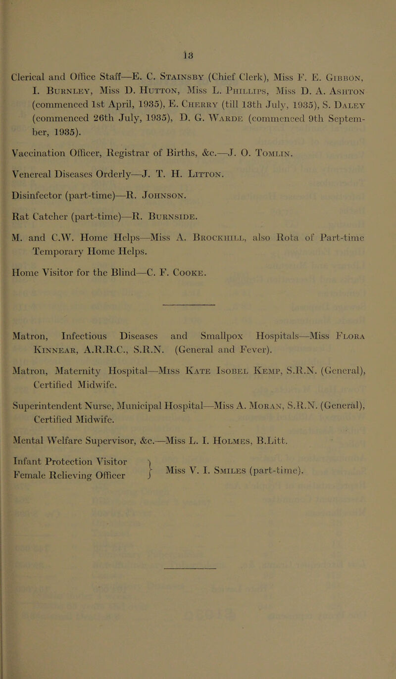 Clerical and Office Staff—E. C. Stainsby (Chief Clerk), Miss E. E. Gibbon, I. Buknley, Miss D. Hutton, IMiss L. Phillips, Miss D. A. Ashton (commenced 1st April, 1935), E. Chehry (till 13th July, 1935), S. Daley (commenced 26th July, 1935), D. G. Warde (commenced 9th Septem- ber, 1935). V'accination Officer, Registrar of Births, &c.—J. O. Tomlin. Aenereal Diseases Orderly—J. T. H. Litton. Disinfector (part-time)—R. Johnson. Rat Catcher (part-time)—R. Burnside. M. and C.W. Home Helps—Miss A. Brockhill, also Rota of Part-time Temporary Home Helps. Home Visitor for the Blind—C. F. Cooke. Matron, Infectious Diseases and Smallpox Hospitals—Miss Flora Kinnear, A.R.R.C., S.R.N. (General and Fever). Matron, ^Maternity Hospital—Miss Kate Isobel Kemp, S.R.N. (General), Certified Midnufe. Superintendent Nurse, ’\Iunicipal Hospital—Miss A. Moran, S.R.N. (General), Certified Midwife. Mental Welfare Supervisor, &c.—Miss L. I. Holmes, B.Litt. Infant Protection Visitor i Female Relieving Offleer / (part-time).